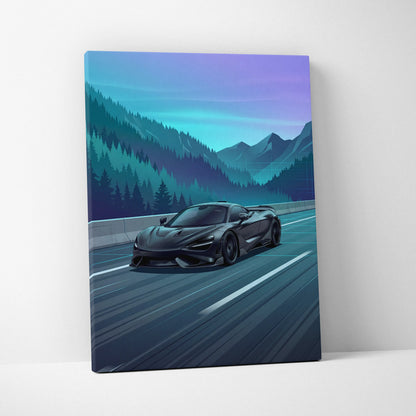 McLaren 765LT Inspired Neon Highway Vaporwave Canvas - Car Art Neon Blue Teal Purple Living Room Retro-Futurist Energetic Nostalgic Mood Modern Decor Wall Art Canvas