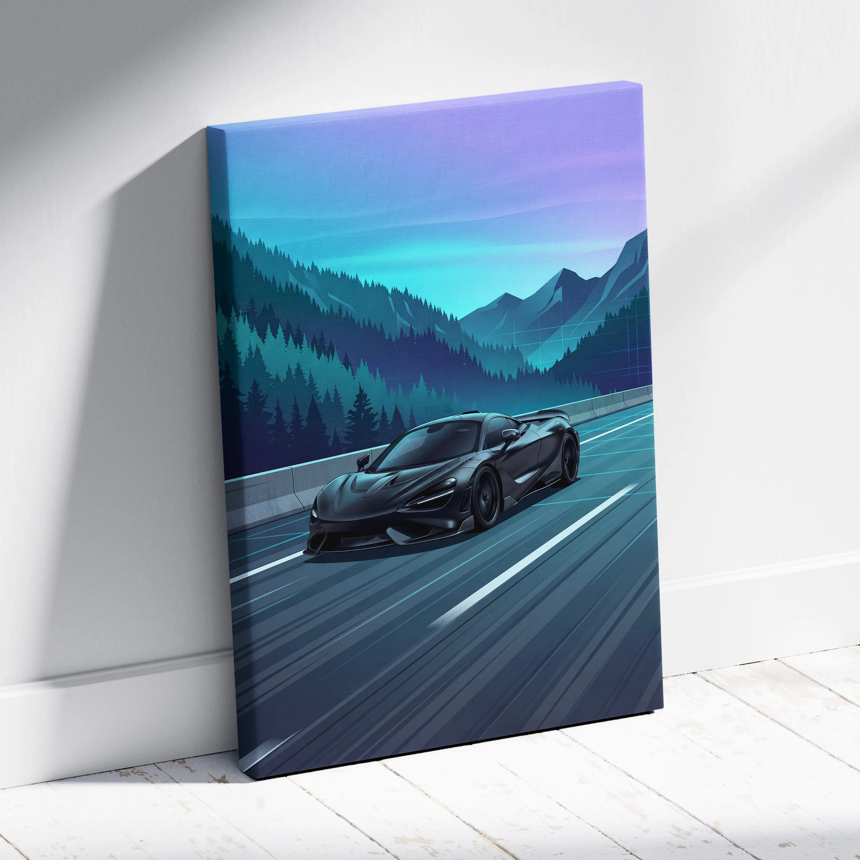 McLaren 765LT Inspired Neon Highway Vaporwave Canvas - Car Art Neon Blue Teal Purple Living Room Retro-Futurist Energetic Nostalgic Mood Modern Decor Wall Art Canvas