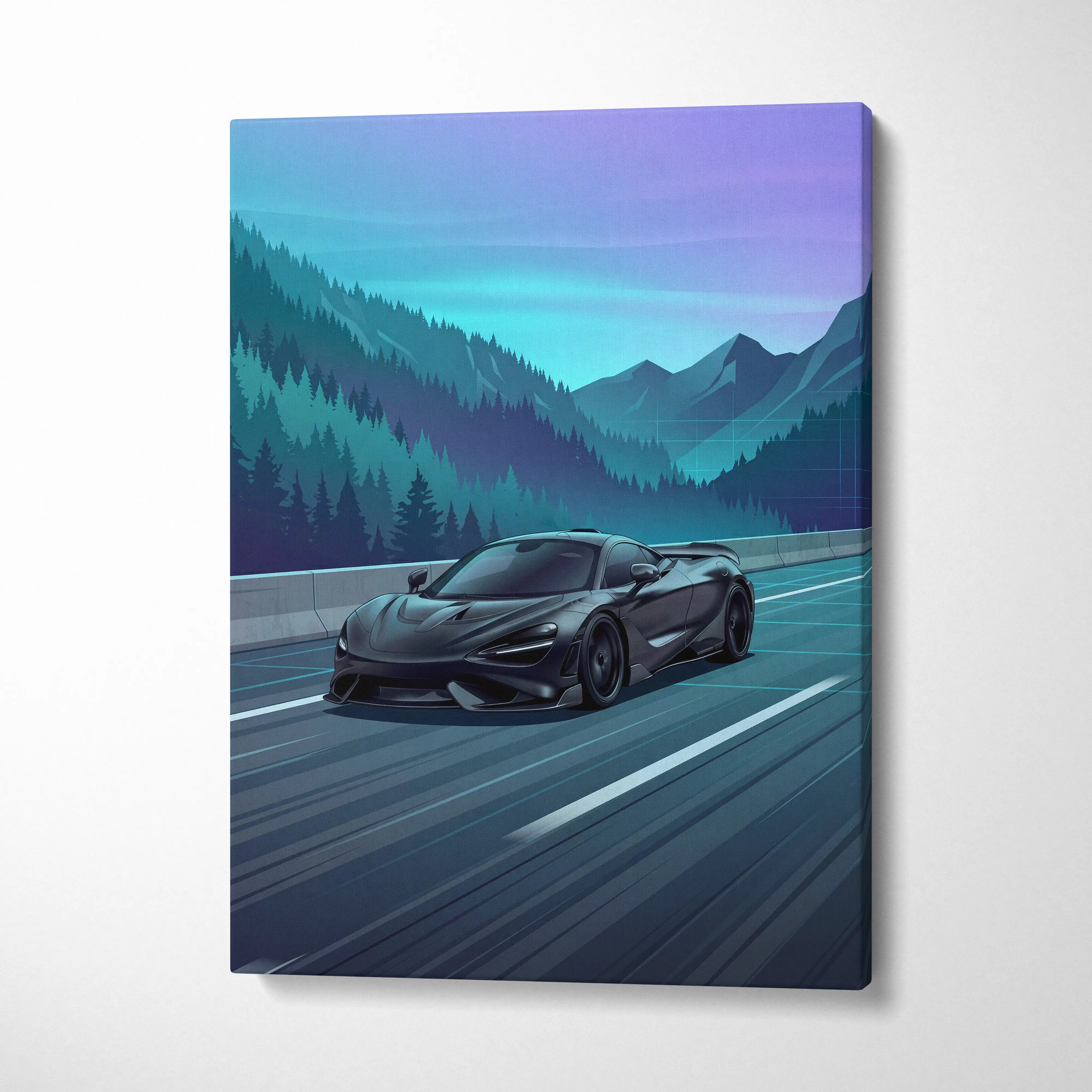 McLaren 765LT Inspired Neon Highway Vaporwave Canvas - Car Art Neon Blue Teal Purple Living Room Retro-Futurist Energetic Nostalgic Mood Modern Decor Wall Art Canvas
