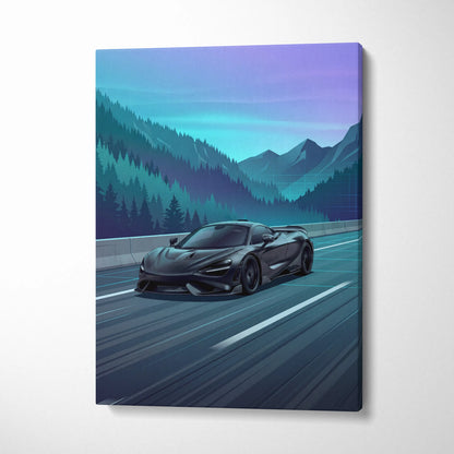 McLaren 765LT Inspired Neon Highway Vaporwave Canvas - Car Art Neon Blue Teal Purple Living Room Retro-Futurist Energetic Nostalgic Mood Modern Decor Wall Art Canvas