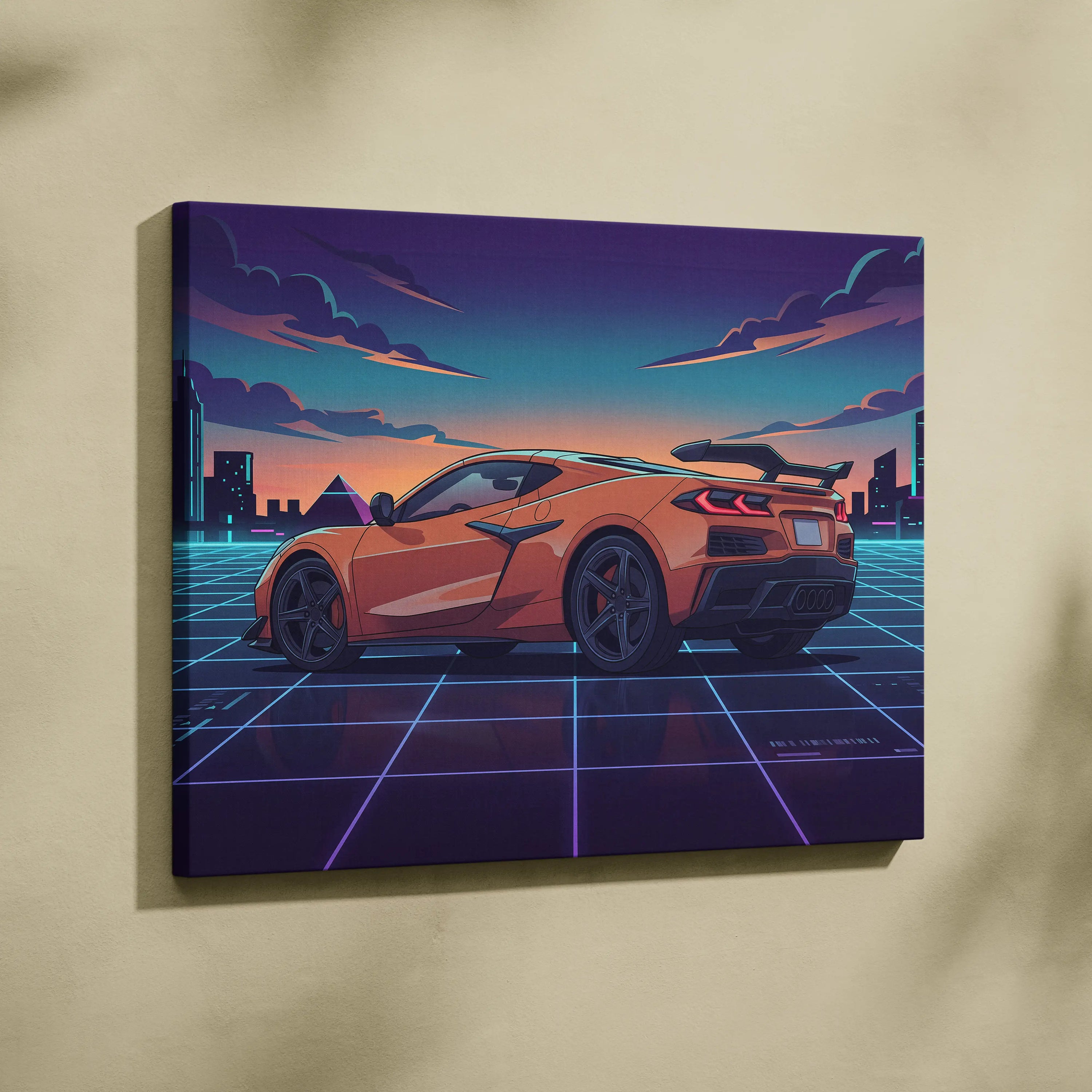 Chevrolet Corvette C8 Inspired Orange Purple Canvas Wall Art, Vaporwave Sports Car Artwork, Neon City Garage Decor, Retro Futuristic Auto Print