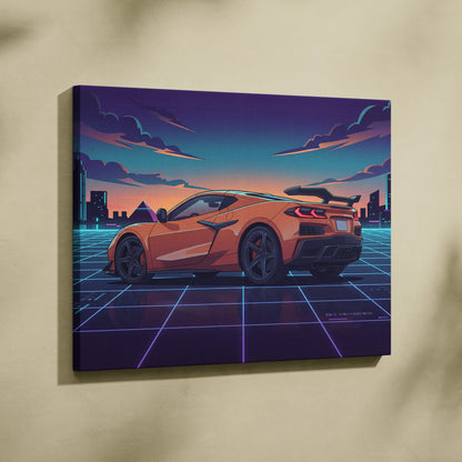 Chevrolet Corvette C8 Inspired Orange Purple Canvas Wall Art, Vaporwave Sports Car Artwork, Neon City Garage Decor, Retro Futuristic Auto Print