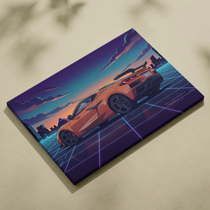Chevrolet Corvette C8 Inspired Orange Purple Canvas Wall Art, Vaporwave Sports Car Artwork, Neon City Garage Decor, Retro Futuristic Auto Print