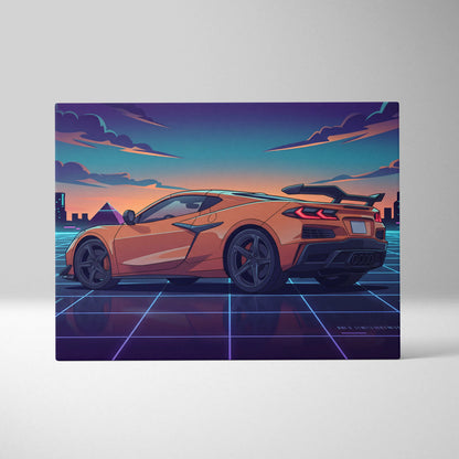 Chevrolet Corvette C8 Inspired Orange Purple Canvas Wall Art, Vaporwave Sports Car Artwork, Neon City Garage Decor, Retro Futuristic Auto Print