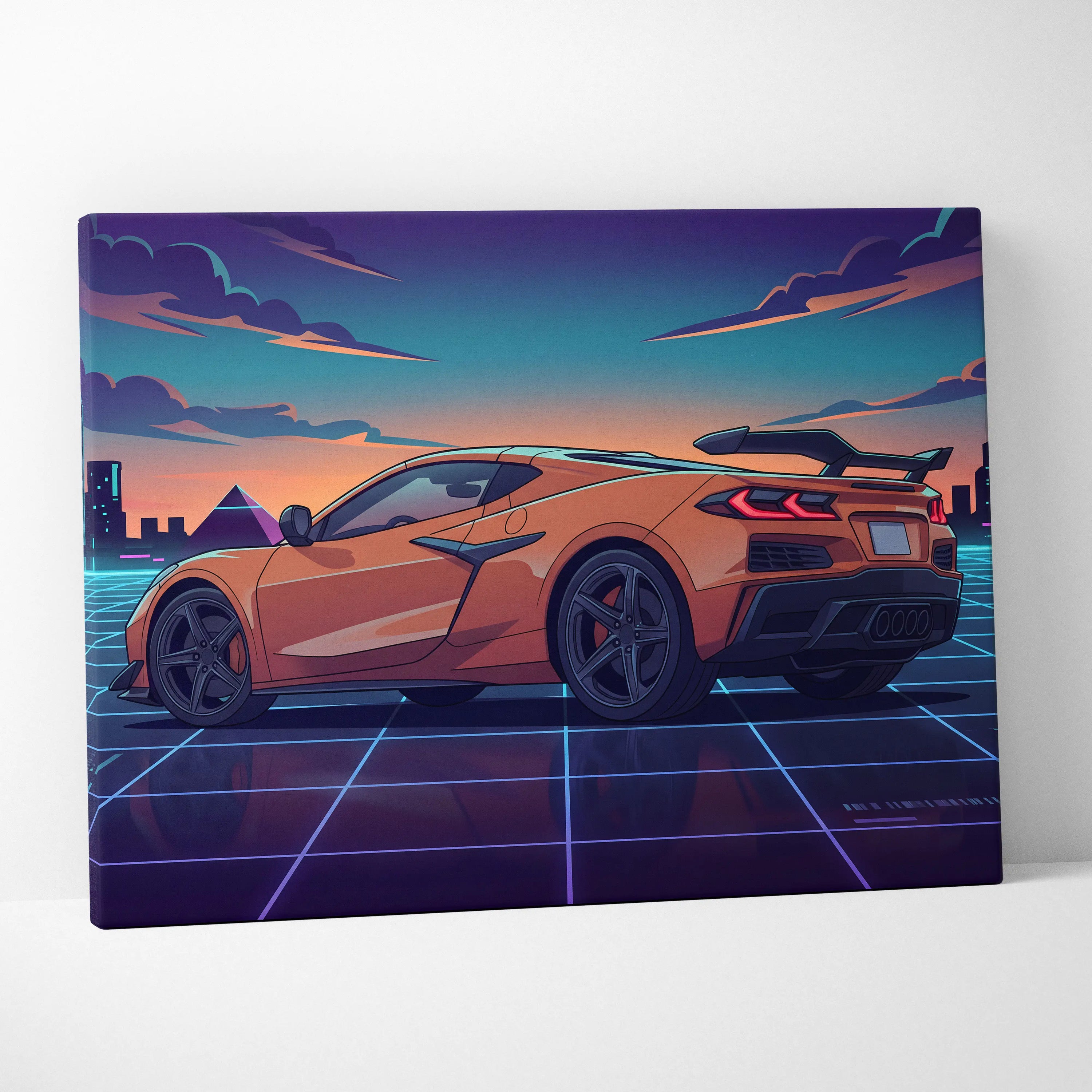 Chevrolet Corvette C8 Inspired Orange Purple Canvas Wall Art, Vaporwave Sports Car Artwork, Neon City Garage Decor, Retro Futuristic Auto Print