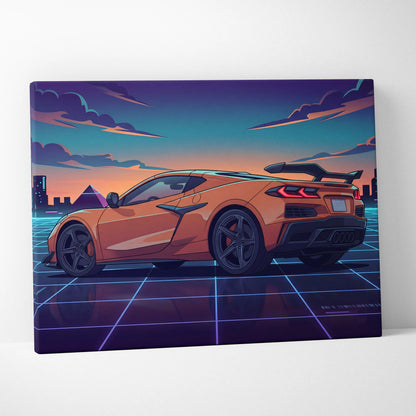 Chevrolet Corvette C8 Inspired Orange Purple Canvas Wall Art, Vaporwave Sports Car Artwork, Neon City Garage Decor, Retro Futuristic Auto Print