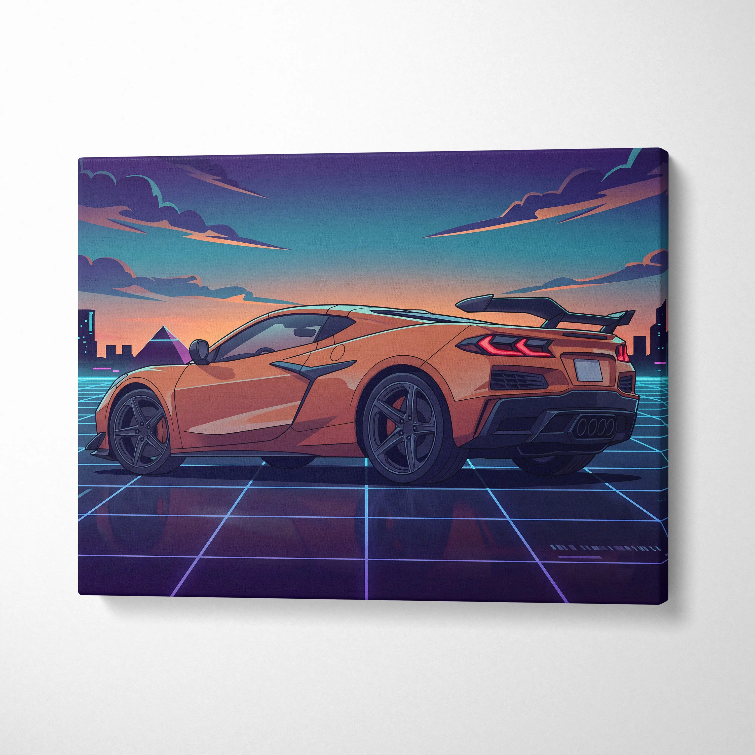 Chevrolet Corvette C8 Inspired Orange Purple Canvas Wall Art, Vaporwave Sports Car Artwork, Neon City Garage Decor, Retro Futuristic Auto Print