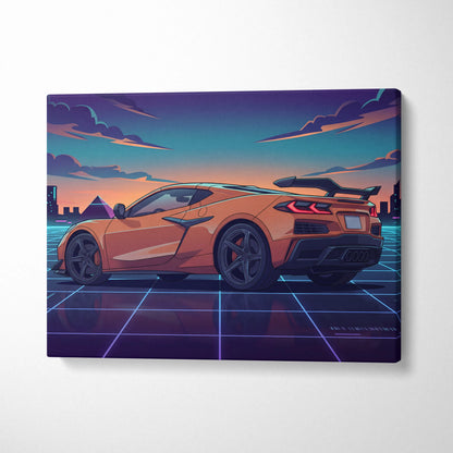 Chevrolet Corvette C8 Inspired Orange Purple Canvas Wall Art, Vaporwave Sports Car Artwork, Neon City Garage Decor, Retro Futuristic Auto Print