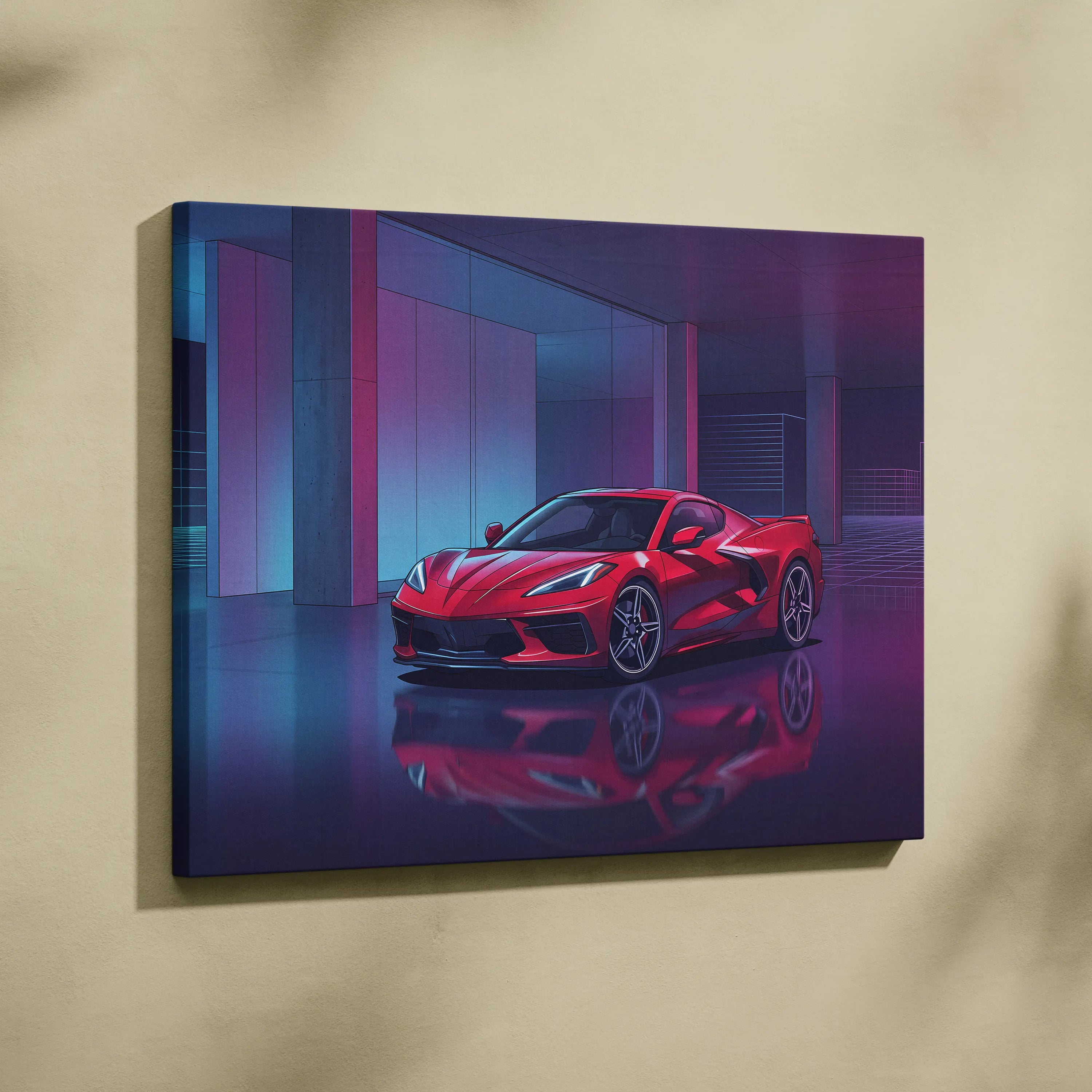 Chevrolet Corvette C8 Inspired Red Purple Canvas Wall Art, Vaporwave Sports Car Artwork, Neon Garage Decor, Retro Futuristic Auto Print