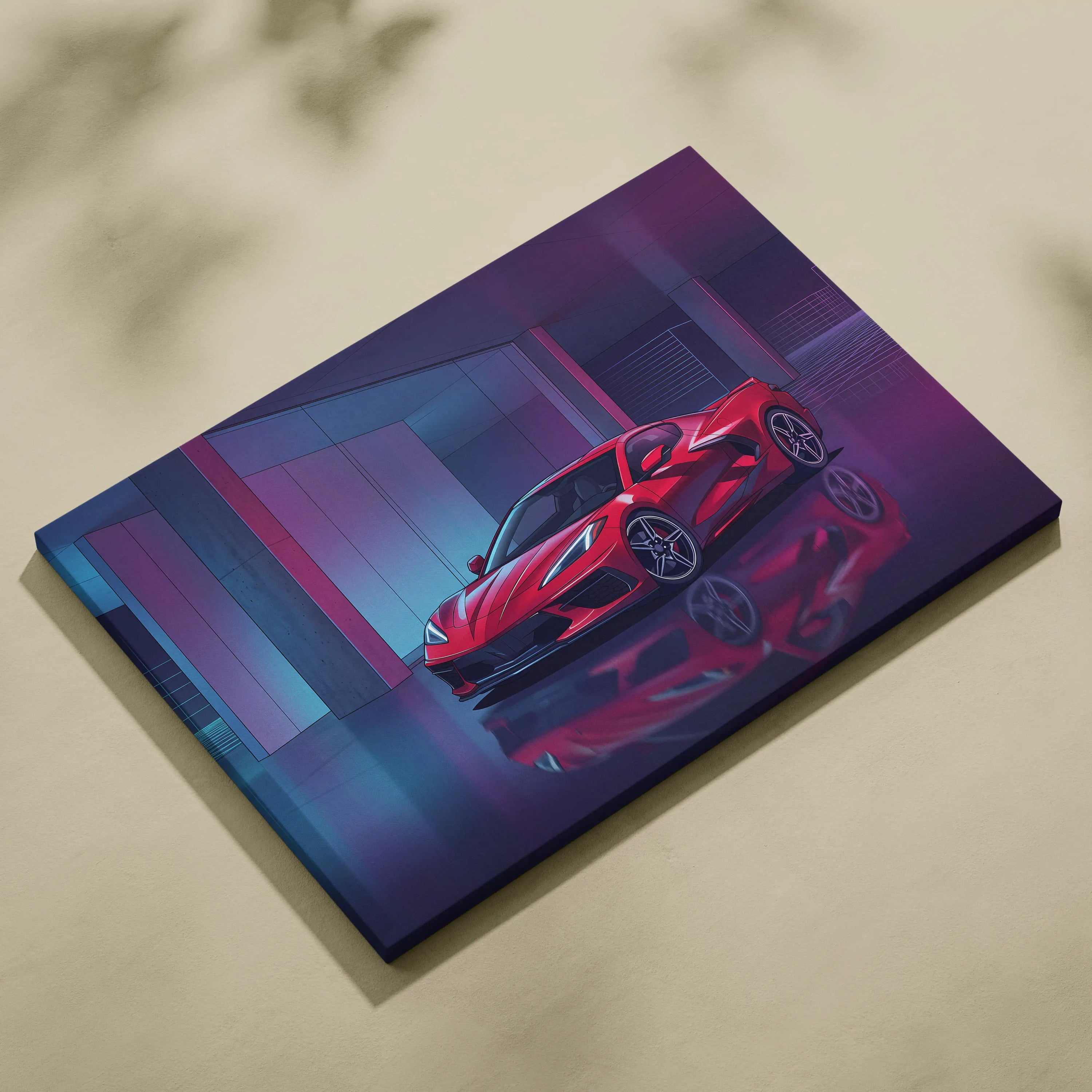 Chevrolet Corvette C8 Inspired Red Purple Canvas Wall Art, Vaporwave Sports Car Artwork, Neon Garage Decor, Retro Futuristic Auto Print