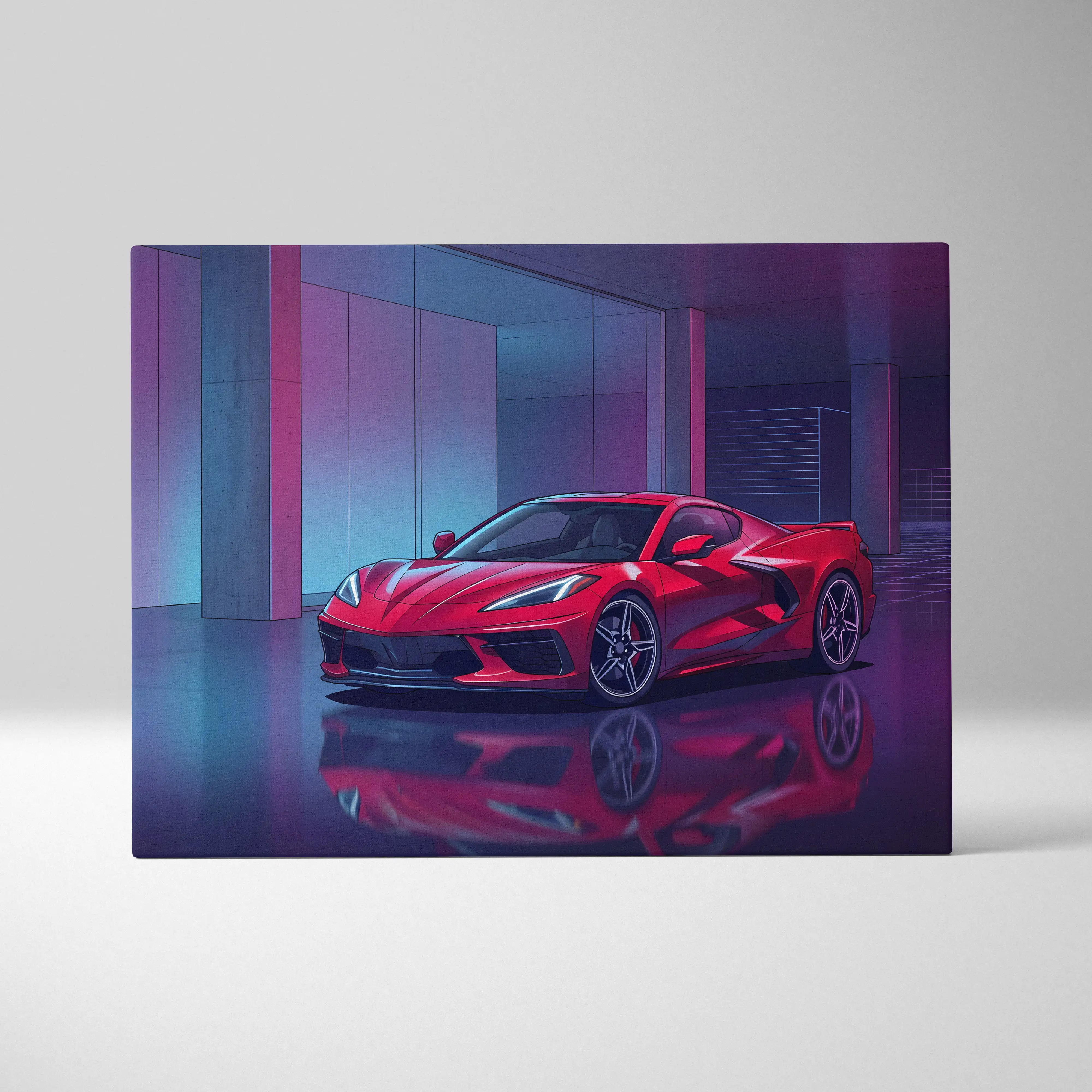 Vibrant red and purple Chevrolet Corvette C8 inspired canvas wall art featuring glossy finish and neon vaporwave lighting