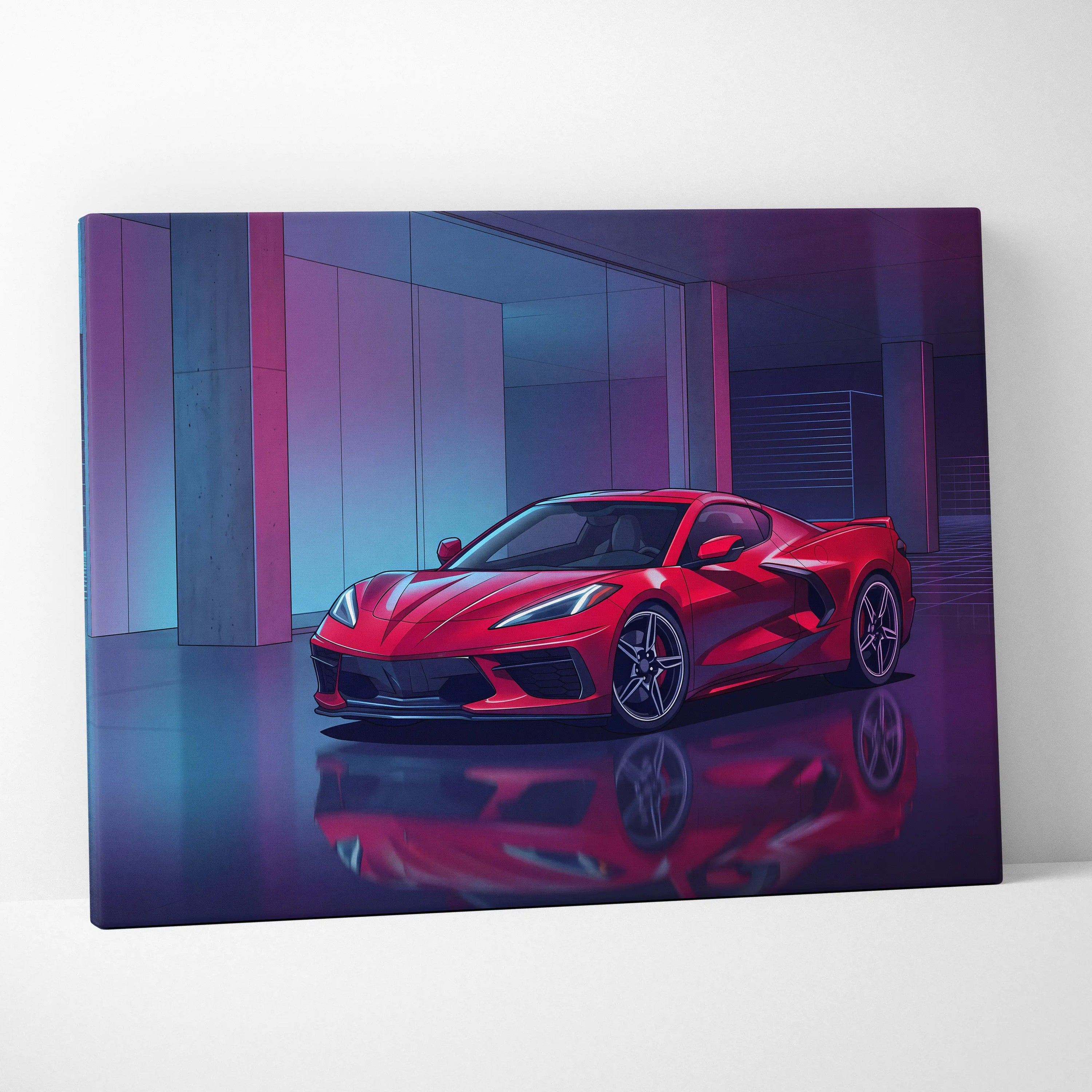 Chevrolet Corvette C8 Inspired Red Purple Canvas Wall Art, Vaporwave Sports Car Artwork, Neon Garage Decor, Retro Futuristic Auto Print