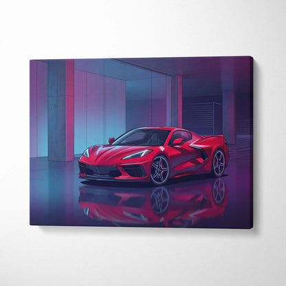 Chevrolet Corvette C8 Inspired Red Purple Canvas Wall Art, Vaporwave Sports Car Artwork, Neon Garage Decor, Retro Futuristic Auto Print