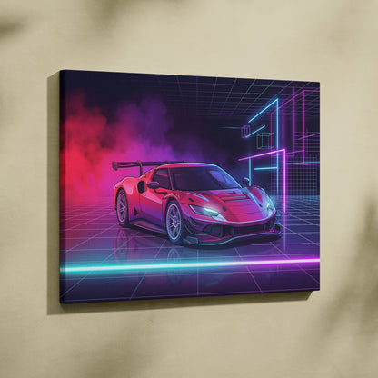 Ferrari 296 GT3 Inspired Red Teal Canvas Wall Art, Vaporwave Track Car Artwork, Neon Grid Garage Decor, Retro Futuristic Motorsport Print