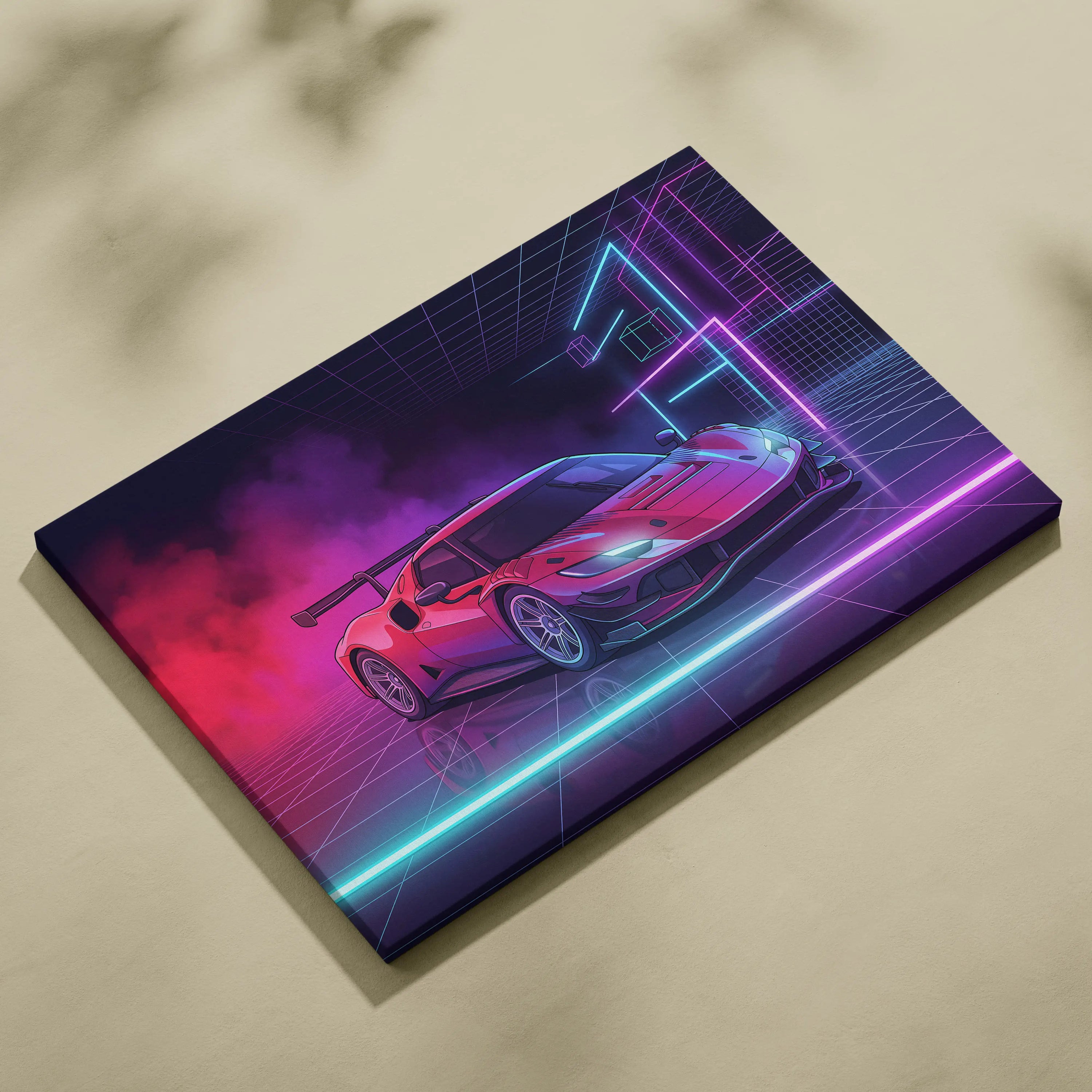 Ferrari 296 GT3 Inspired Red Teal Canvas Wall Art, Vaporwave Track Car Artwork, Neon Grid Garage Decor, Retro Futuristic Motorsport Print