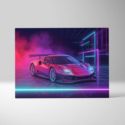 Ferrari 296 GT3 Inspired Red Teal Canvas Wall Art, Vaporwave Track Car Artwork, Neon Grid Garage Decor, Retro Futuristic Motorsport Print