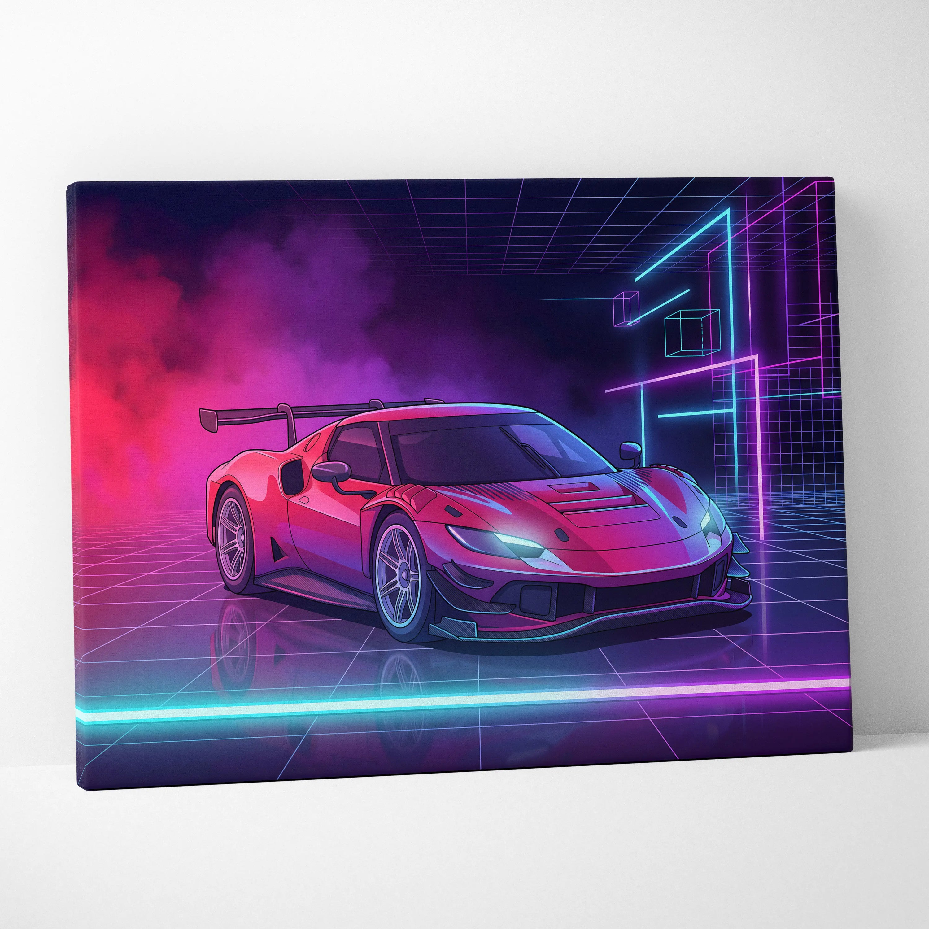 Ferrari 296 GT3 Inspired Red Teal Canvas Wall Art, Vaporwave Track Car Artwork, Neon Grid Garage Decor, Retro Futuristic Motorsport Print