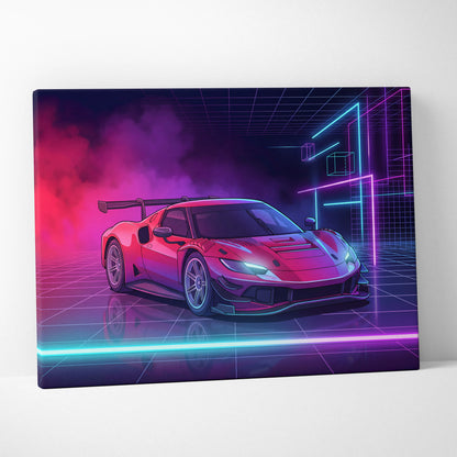 Ferrari 296 GT3 Inspired Red Teal Canvas Wall Art, Vaporwave Track Car Artwork, Neon Grid Garage Decor, Retro Futuristic Motorsport Print