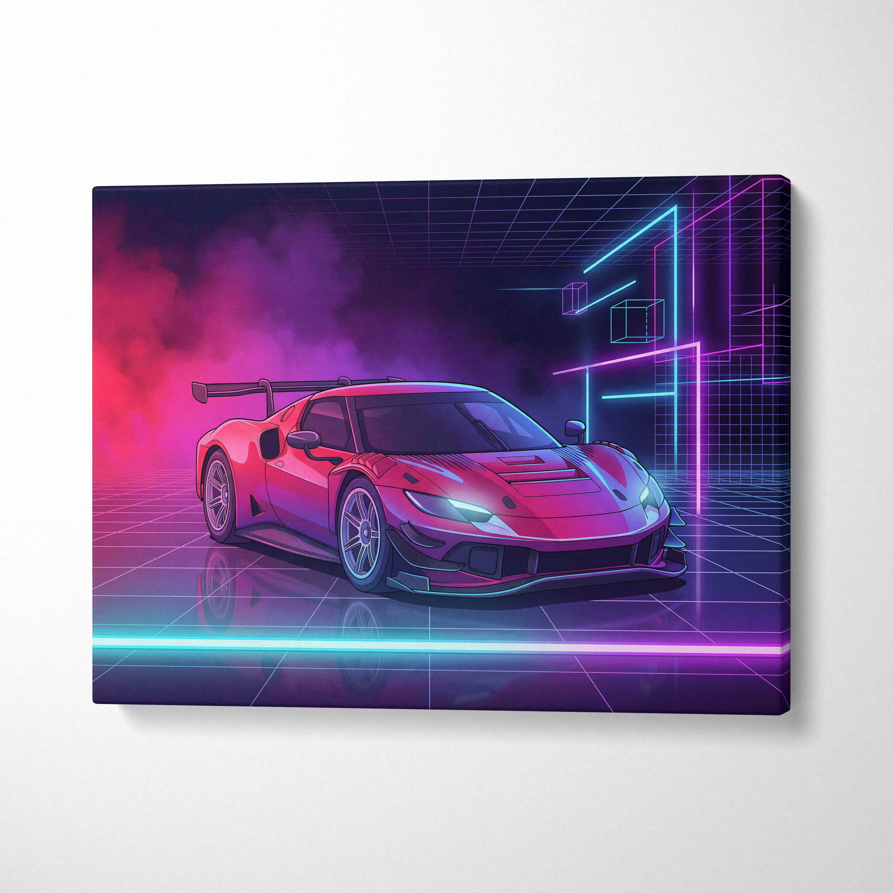 Ferrari 296 GT3 Inspired Red Teal Canvas Wall Art, Vaporwave Track Car Artwork, Neon Grid Garage Decor, Retro Futuristic Motorsport Print