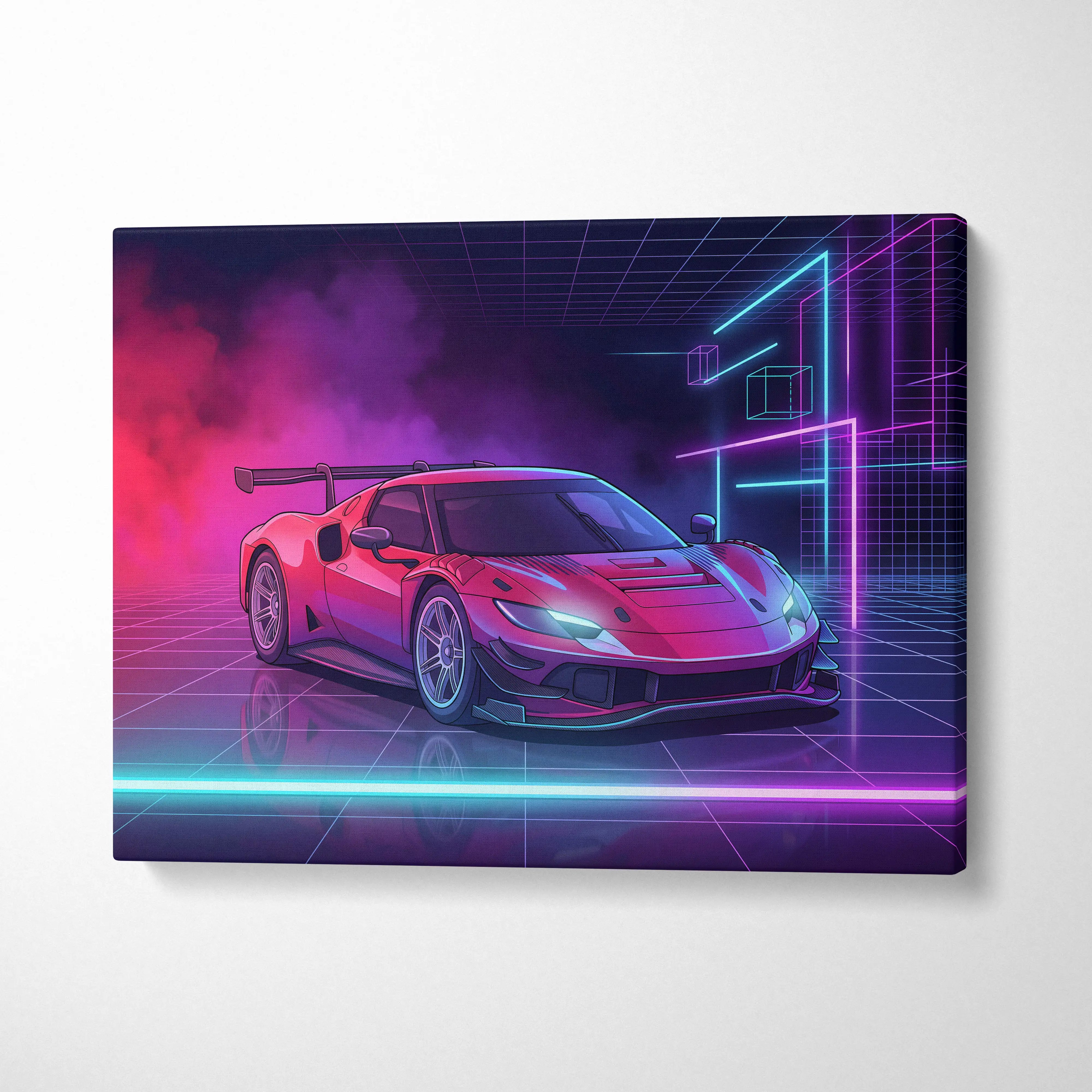 Ferrari 296 gt3 inspired red teal neon pink and purple canvas wall art with vaporwave grid garage decor