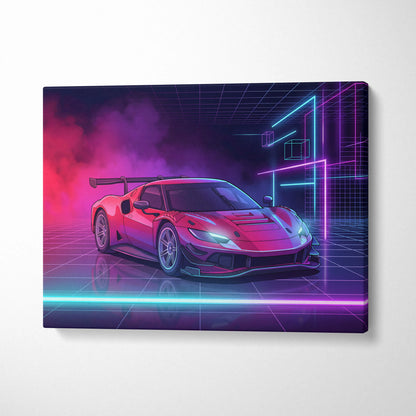 Ferrari 296 GT3 Inspired Red Teal Canvas Wall Art, Vaporwave Track Car Artwork, Neon Grid Garage Decor, Retro Futuristic Motorsport Print