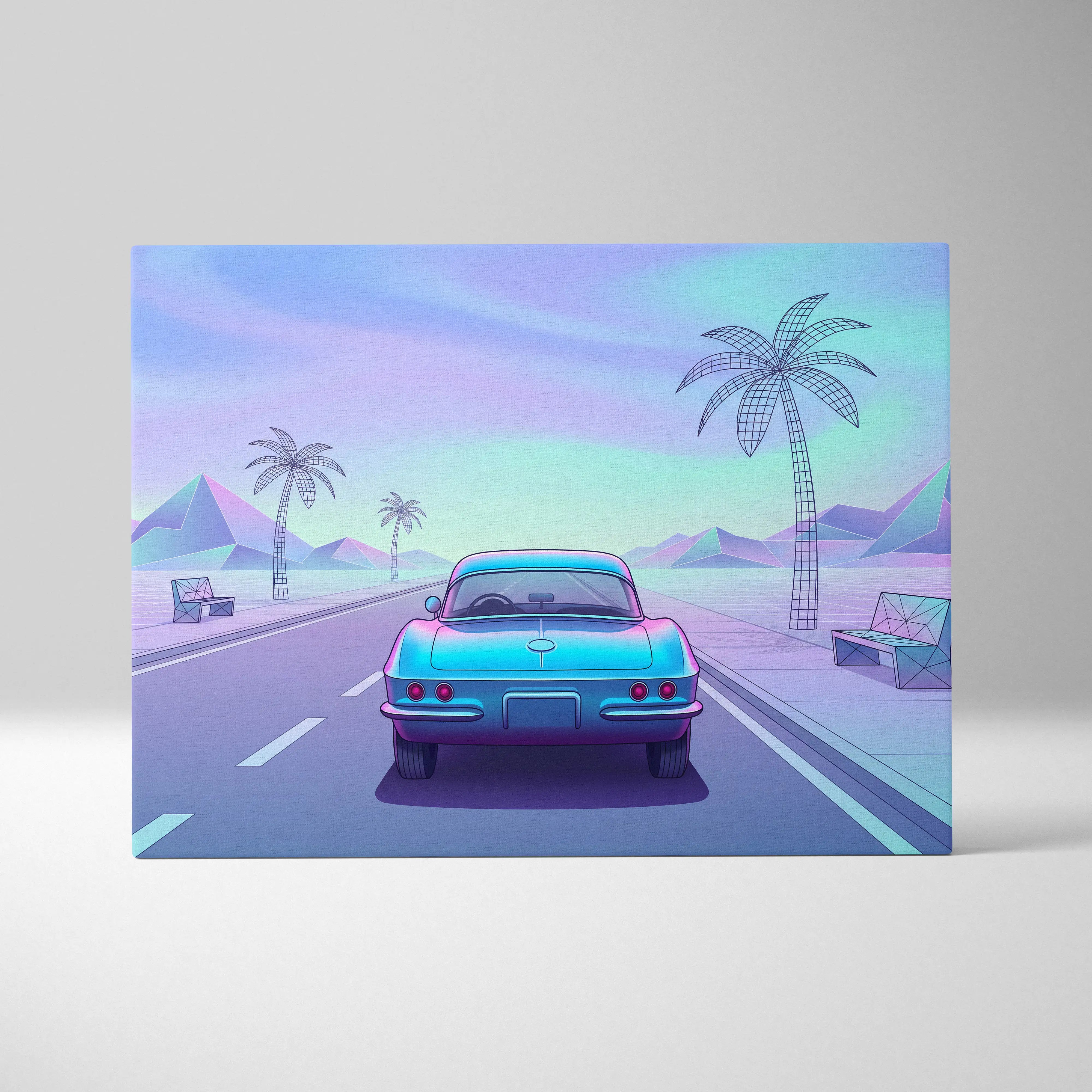Chevrolet Corvette C2 Inspired Teal Purple Canvas Wall Art Vaporwave Classic Sports Car Artwork Retro Palm Road Garage Decor Futuristic Print