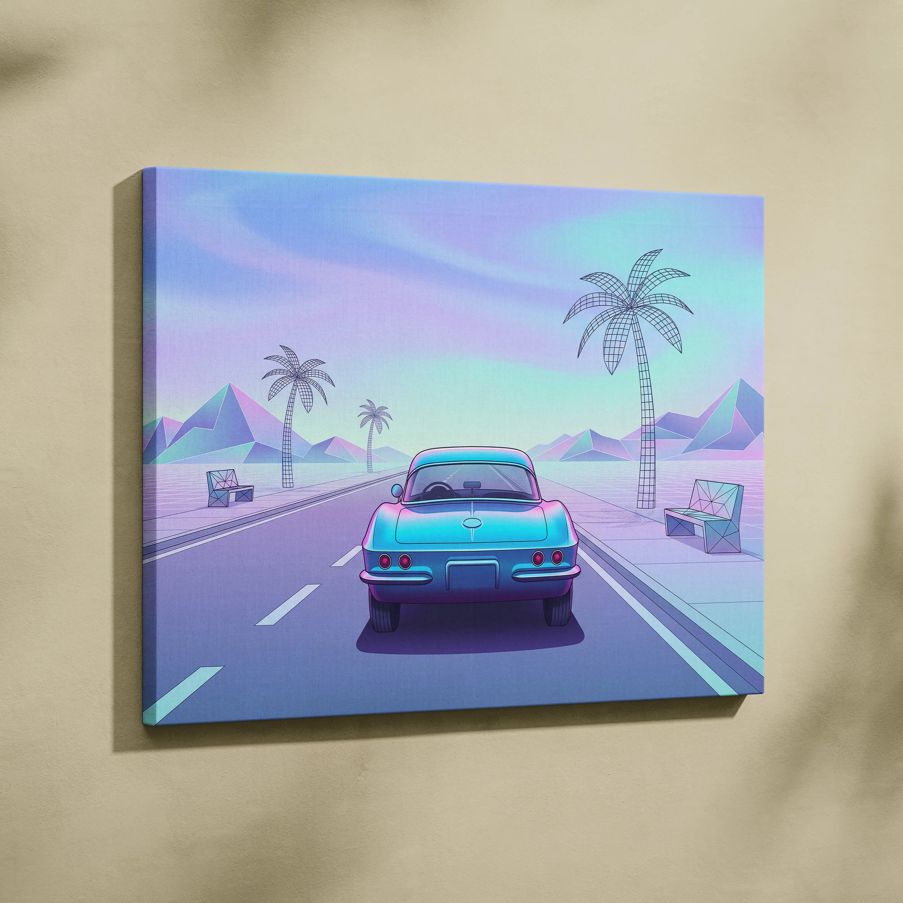 Chevrolet Corvette C2 Inspired Teal Purple Canvas Wall Art Vaporwave Classic Sports Car Artwork Retro Palm Road Garage Decor Futuristic Print