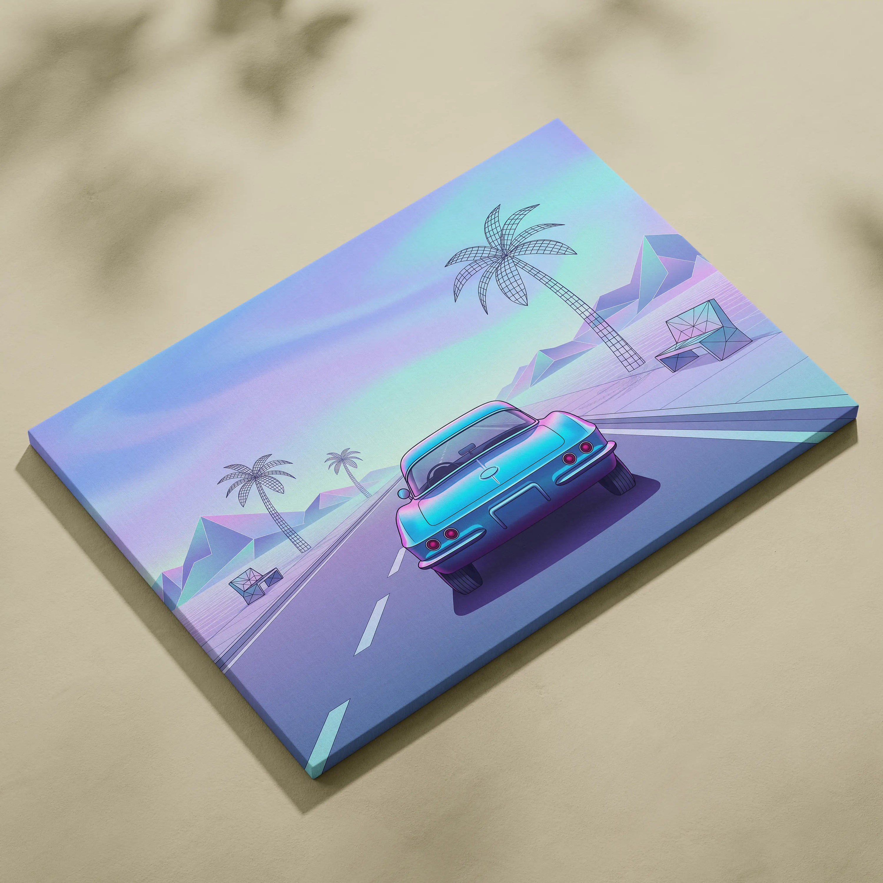 Chevrolet Corvette C2 Inspired Teal Purple Canvas Wall Art Vaporwave Classic Sports Car Artwork Retro Palm Road Garage Decor Futuristic Print