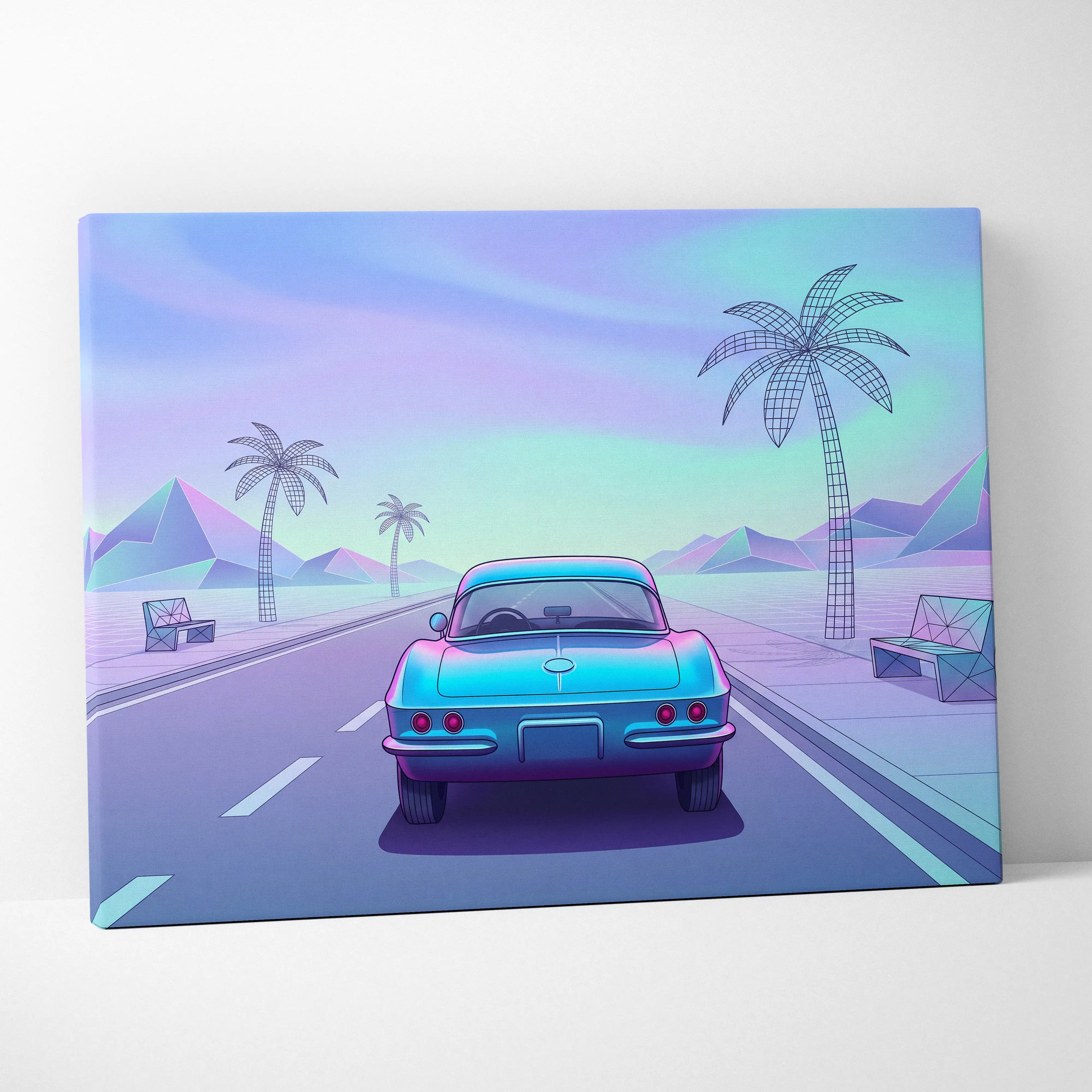 Chevrolet Corvette C2 Inspired Teal Purple Canvas Wall Art Vaporwave Classic Sports Car Artwork Retro Palm Road Garage Decor Futuristic Print
