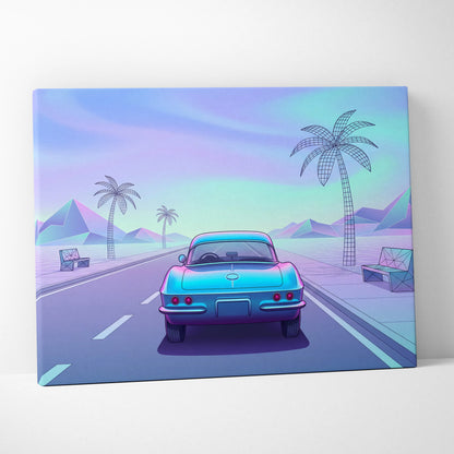 Chevrolet Corvette C2 Inspired Teal Purple Canvas Wall Art Vaporwave Classic Sports Car Artwork Retro Palm Road Garage Decor Futuristic Print