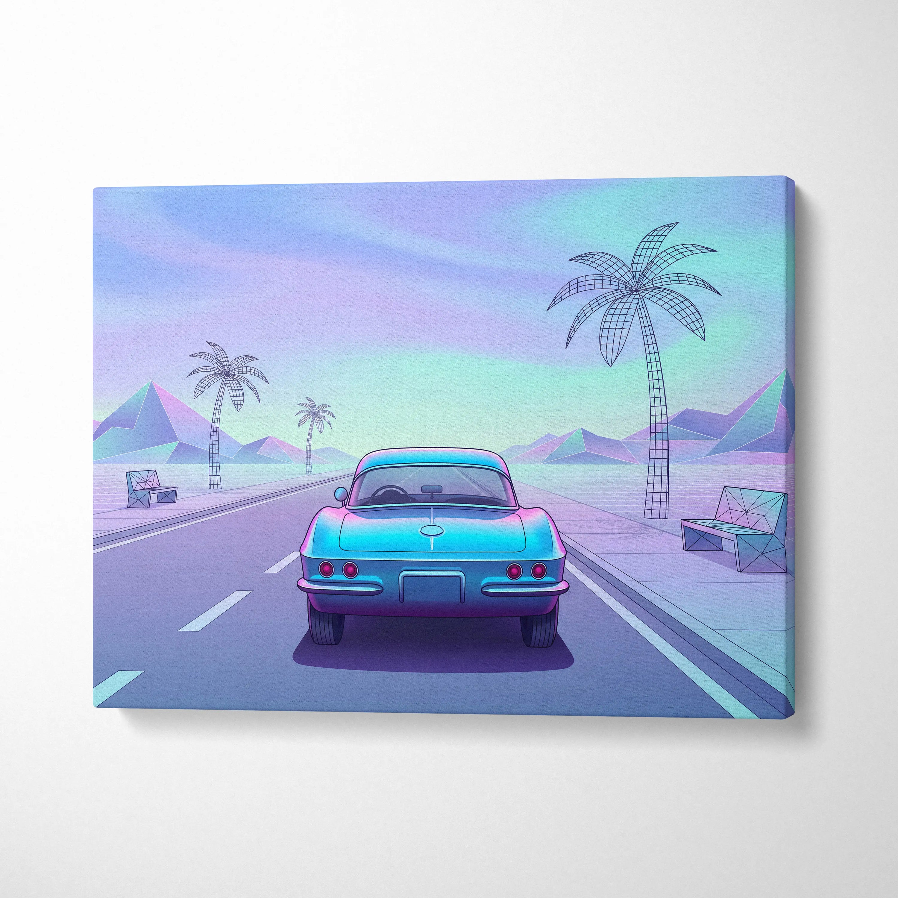 Chevrolet Corvette C2 Inspired Teal Purple Canvas Wall Art Vaporwave Classic Sports Car Artwork Retro Palm Road Garage Decor Futuristic Print