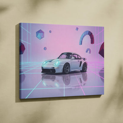 Porsche 911 Classic Inspired White Purple Canvas Wall Art, Vaporwave Widebody Car Artwork, Neon Grid Garage Decor, Retro Futuristic Art