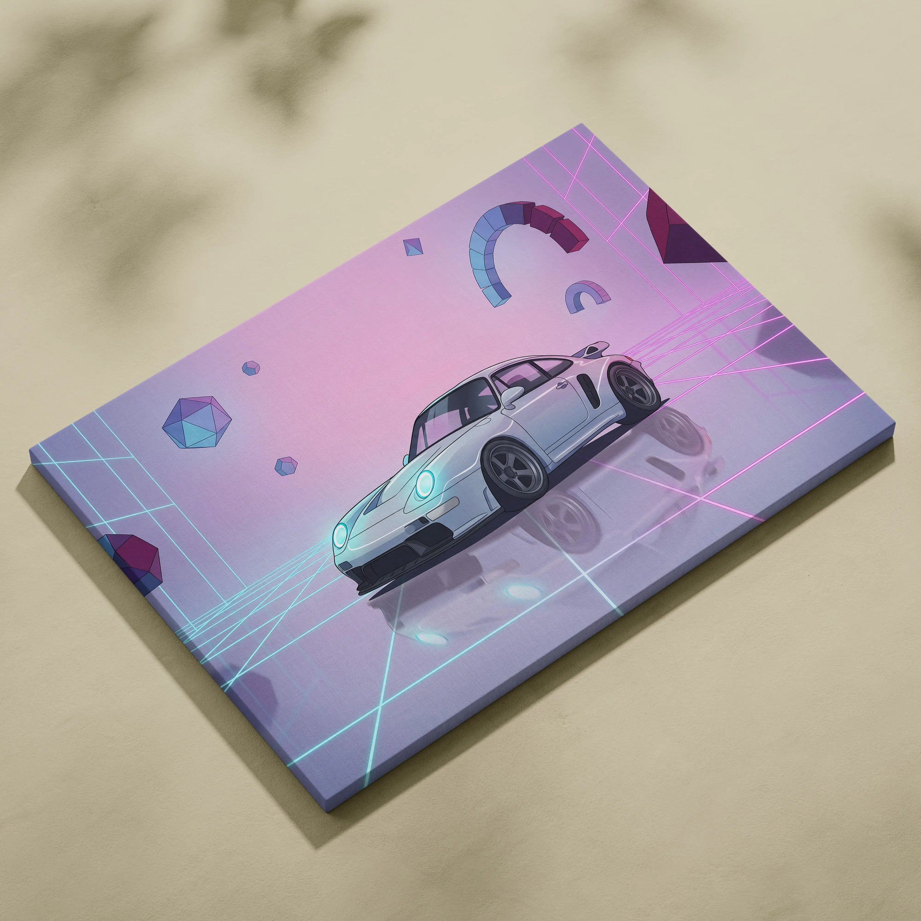 Porsche 911 Classic Inspired White Purple Canvas Wall Art, Vaporwave Widebody Car Artwork, Neon Grid Garage Decor, Retro Futuristic Art