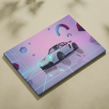 Porsche 911 Classic Inspired White Purple Canvas Wall Art, Vaporwave Widebody Car Artwork, Neon Grid Garage Decor, Retro Futuristic Art