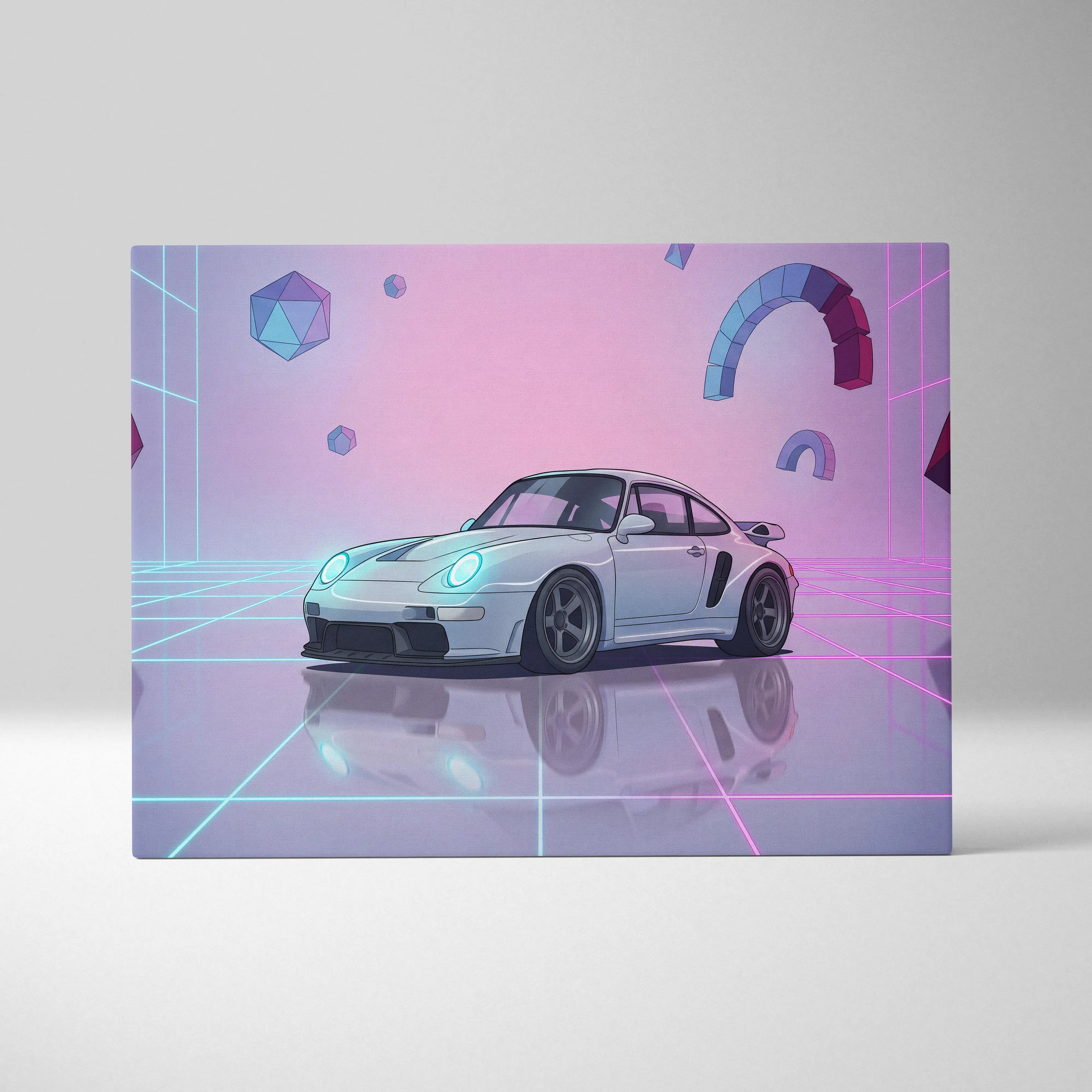 White porsche 911 sports car with glowing blue headlights in neon cyberpunk style on purple canvas wall art
