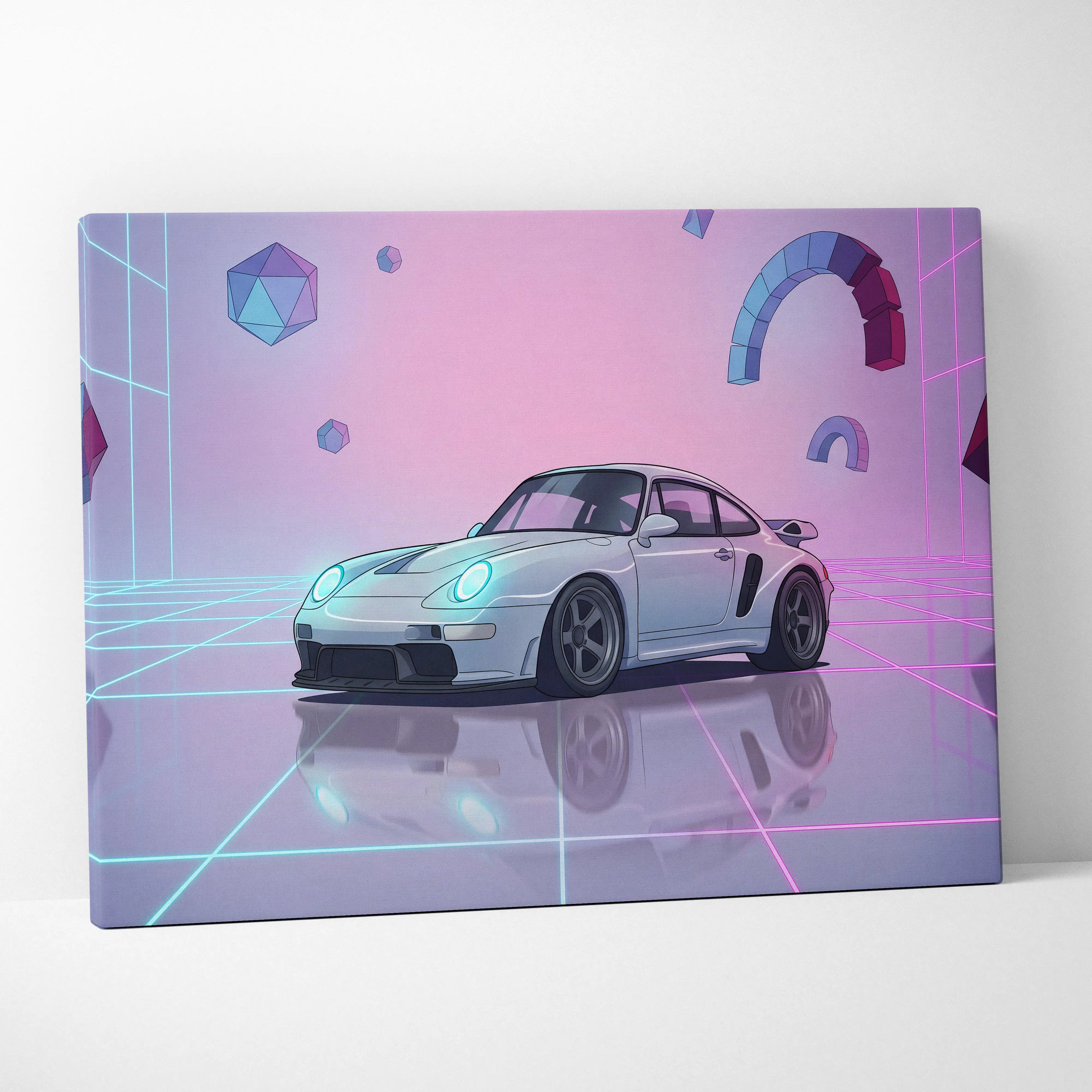 Porsche 911 Classic Inspired White Purple Canvas Wall Art, Vaporwave Widebody Car Artwork, Neon Grid Garage Decor, Retro Futuristic Art