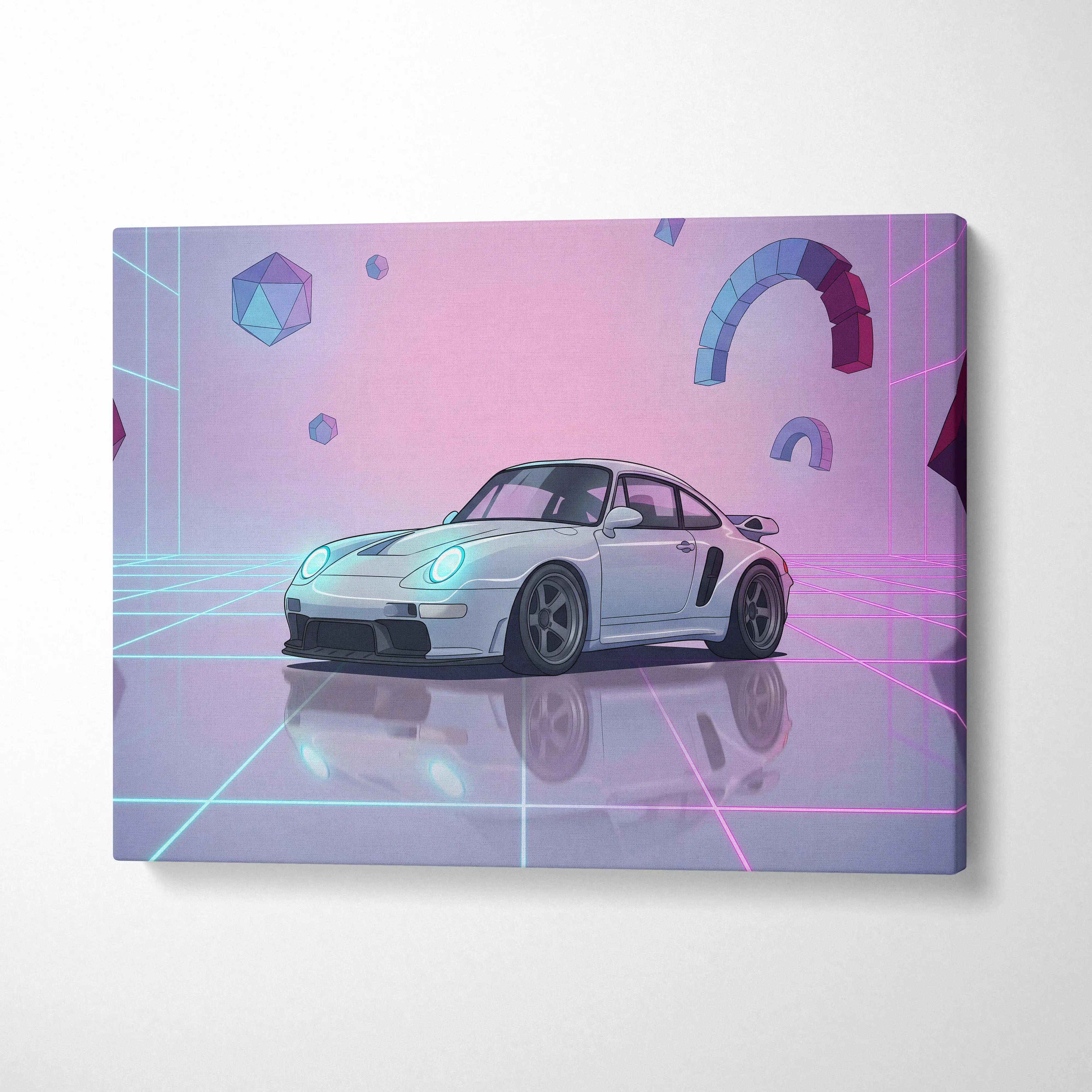 White porsche 911 classic inspired canvas wall art with glowing blue headlights in retro neon vaporwave style