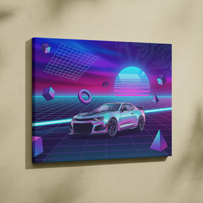 Chevrolet Camaro ZL1 Inspired Silver Purple Canvas Wall Art, Vaporwave Muscle Car Artwork, Neon Grid Garage Decor, Retro Futuristic Auto Print