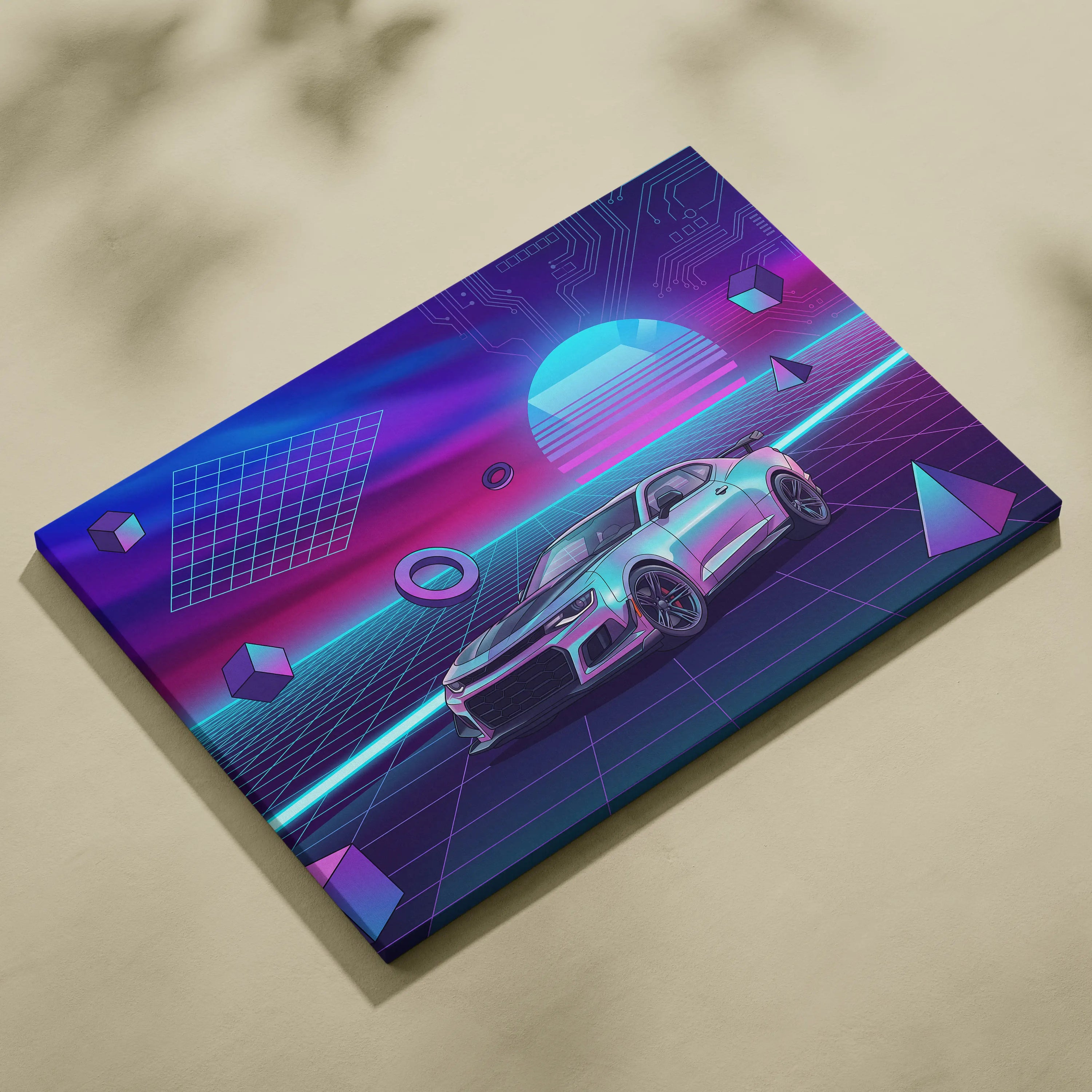 Chevrolet Camaro ZL1 Inspired Silver Purple Canvas Wall Art, Vaporwave Muscle Car Artwork, Neon Grid Garage Decor, Retro Futuristic Auto Print