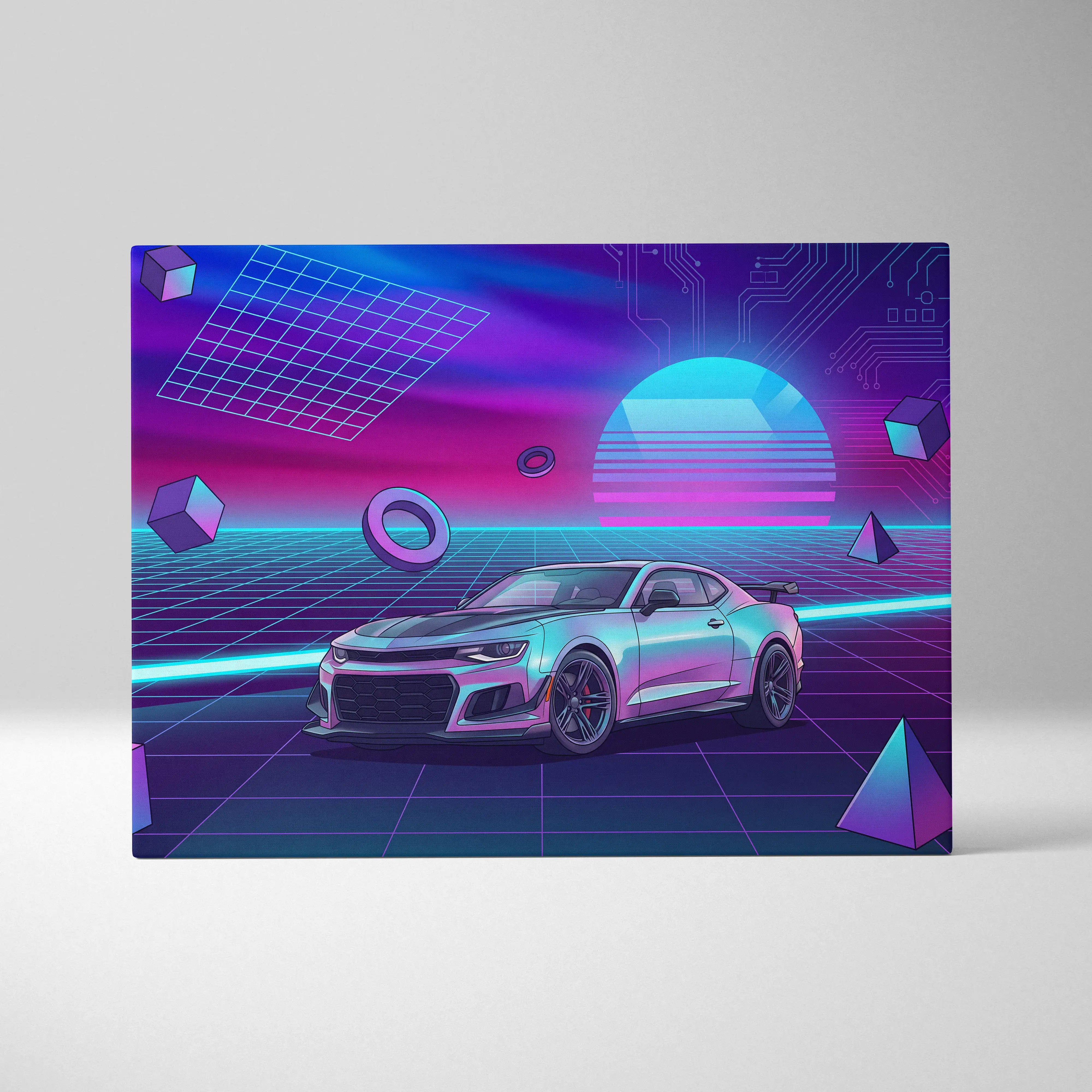 Chevrolet camaro zl1 inspired silver purple canvas wall art featuring a sleek iridescent silver sports car in neon retro style