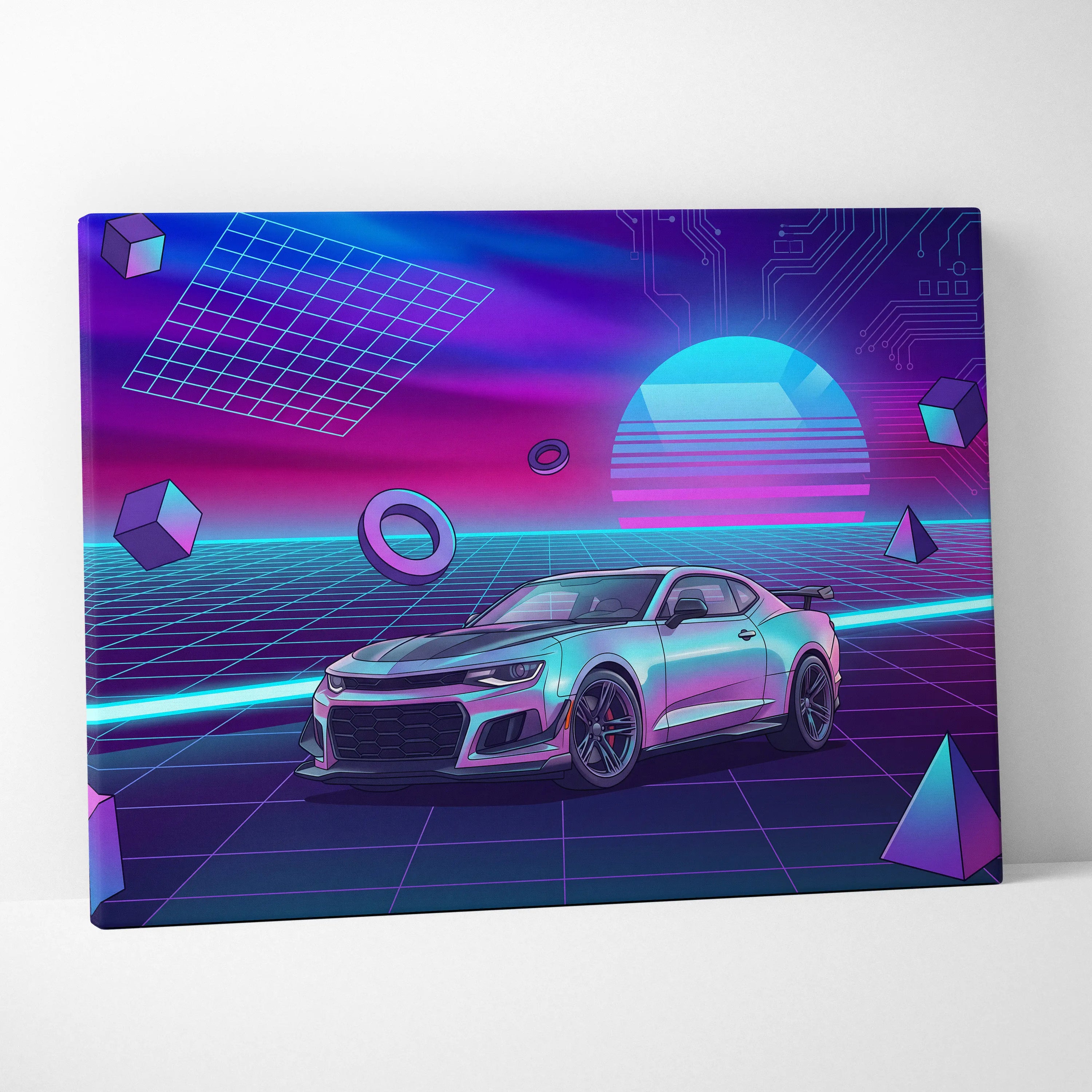 Chevrolet Camaro ZL1 Inspired Silver Purple Canvas Wall Art, Vaporwave Muscle Car Artwork, Neon Grid Garage Decor, Retro Futuristic Auto Print