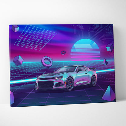 Chevrolet Camaro ZL1 Inspired Silver Purple Canvas Wall Art, Vaporwave Muscle Car Artwork, Neon Grid Garage Decor, Retro Futuristic Auto Print