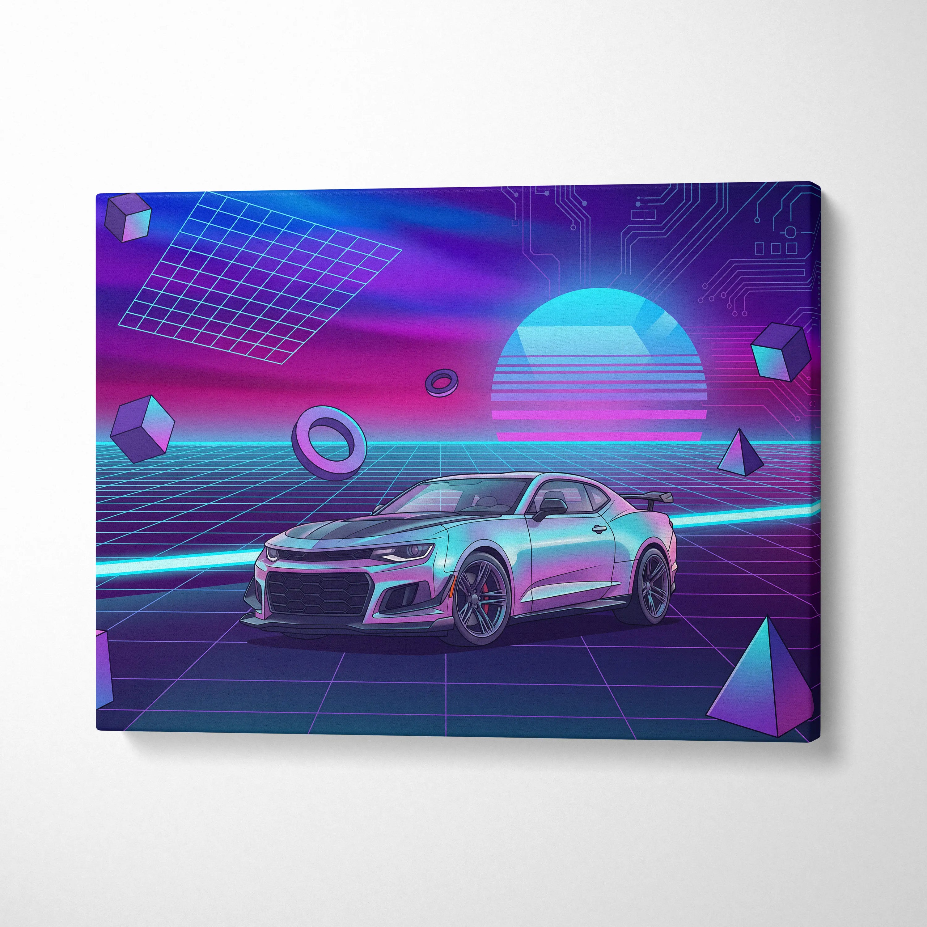 Chevrolet Camaro ZL1 Inspired Silver Purple Canvas Wall Art, Vaporwave Muscle Car Artwork, Neon Grid Garage Decor, Retro Futuristic Auto Print