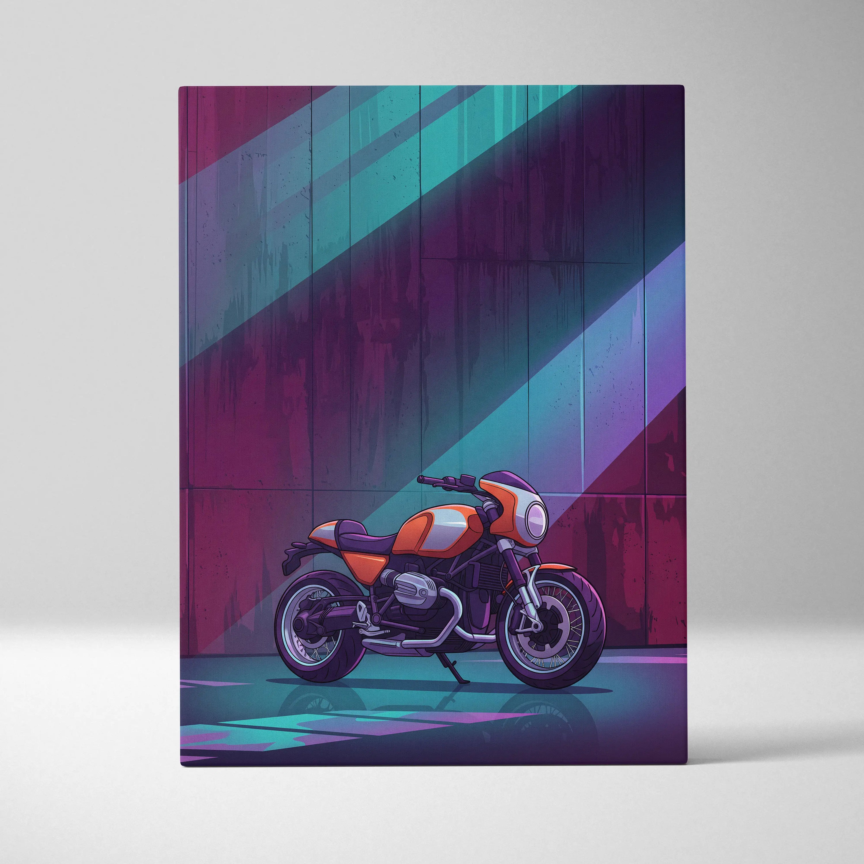 BMW R NineT Inspired Orange Teal Motorcycle Canvas Wall Art Vaporwave Neon Café Racer Garage Decor Retro Futuristic Urban Artwork