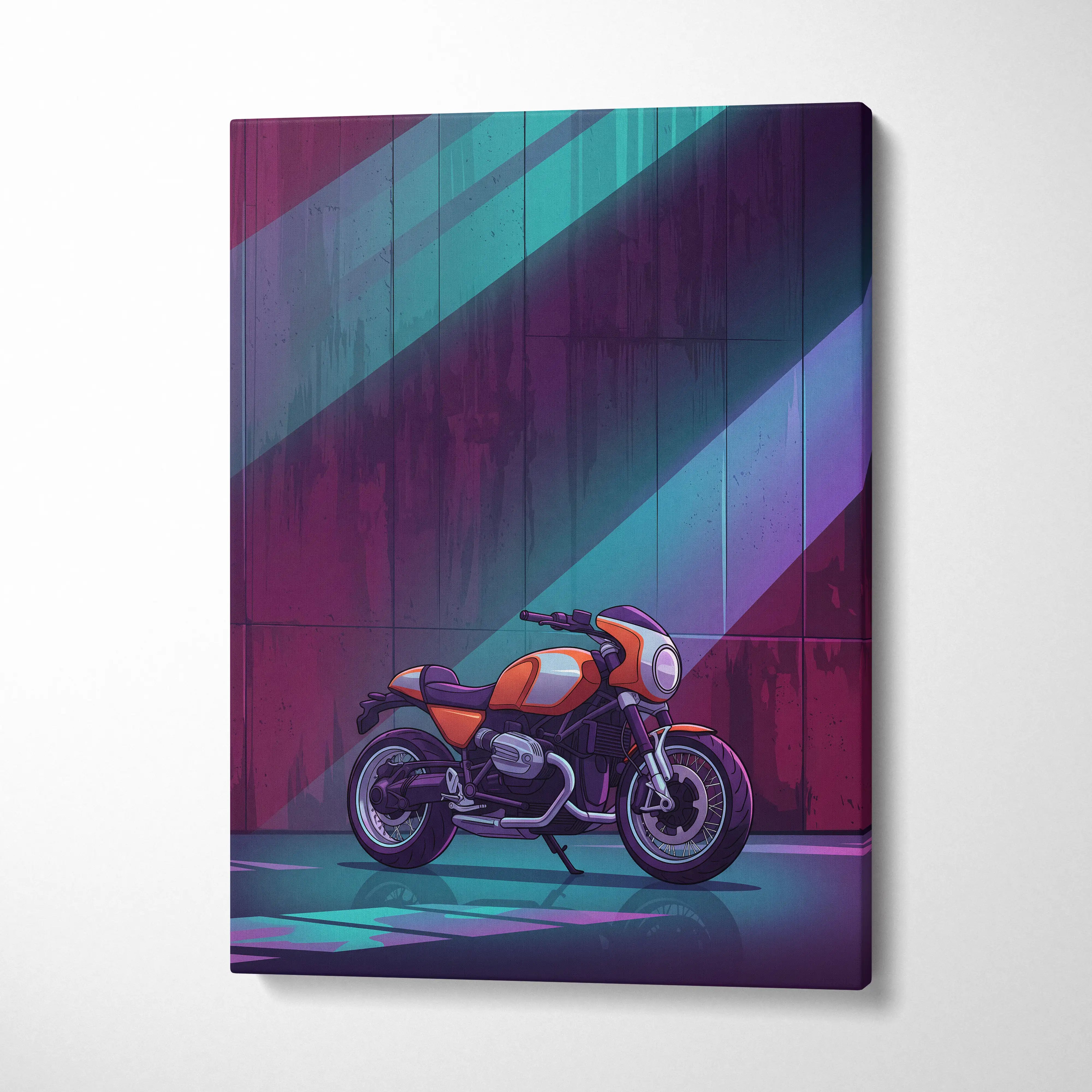 BMW R NineT Inspired Orange Teal Motorcycle Canvas Wall Art Vaporwave Neon Café Racer Garage Decor Retro Futuristic Urban Artwork