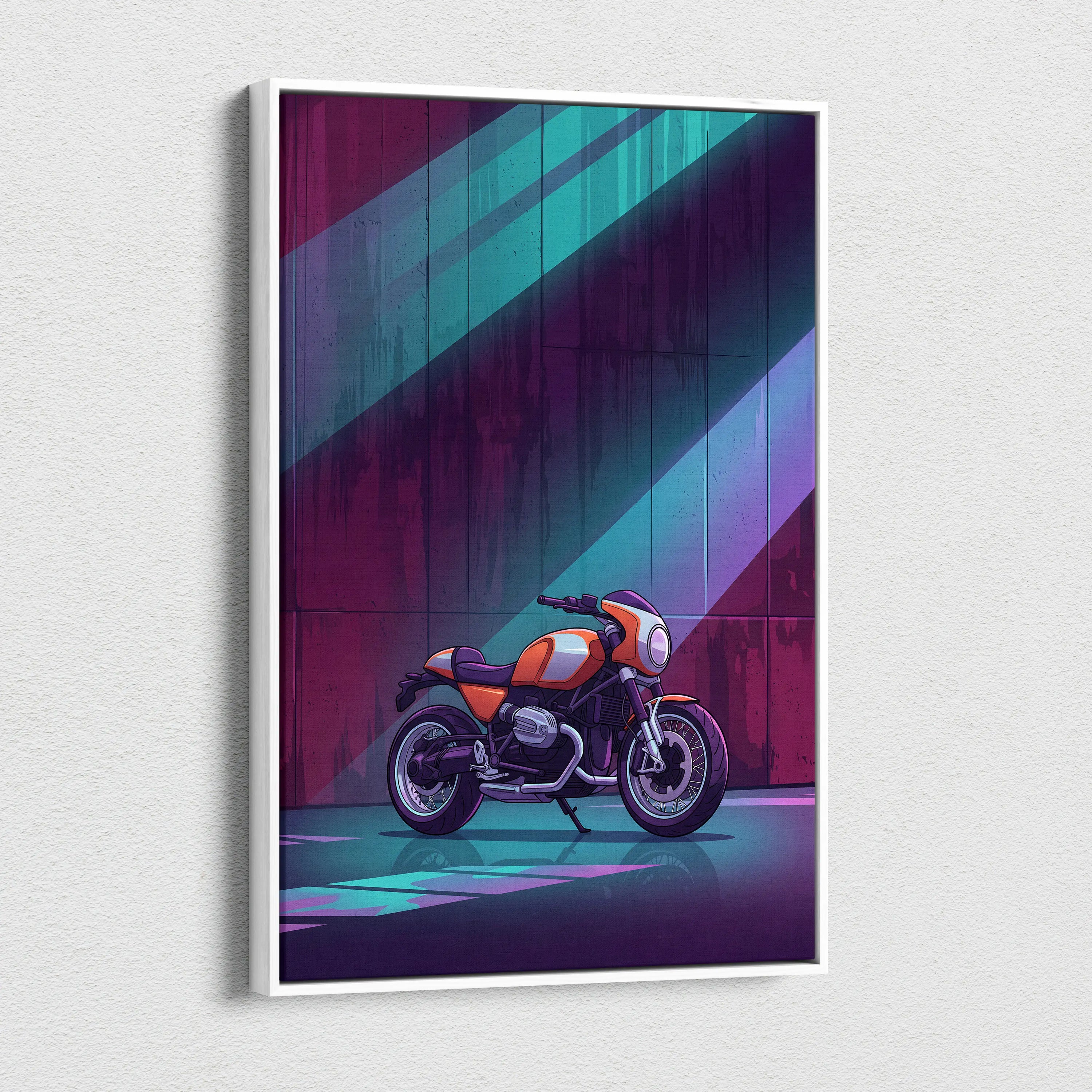 BMW R NineT Inspired Orange Teal Motorcycle Canvas Wall Art Vaporwave Neon Café Racer Garage Decor Retro Futuristic Urban Artwork