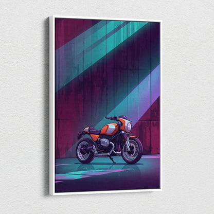 BMW R NineT Inspired Orange Teal Motorcycle Canvas Wall Art Vaporwave Neon Café Racer Garage Decor Retro Futuristic Urban Artwork