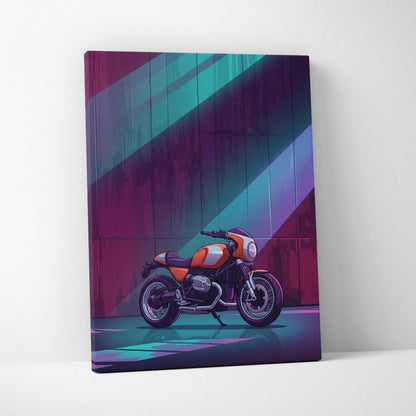 BMW R NineT Inspired Orange Teal Motorcycle Canvas Wall Art Vaporwave Neon Café Racer Garage Decor Retro Futuristic Urban Artwork