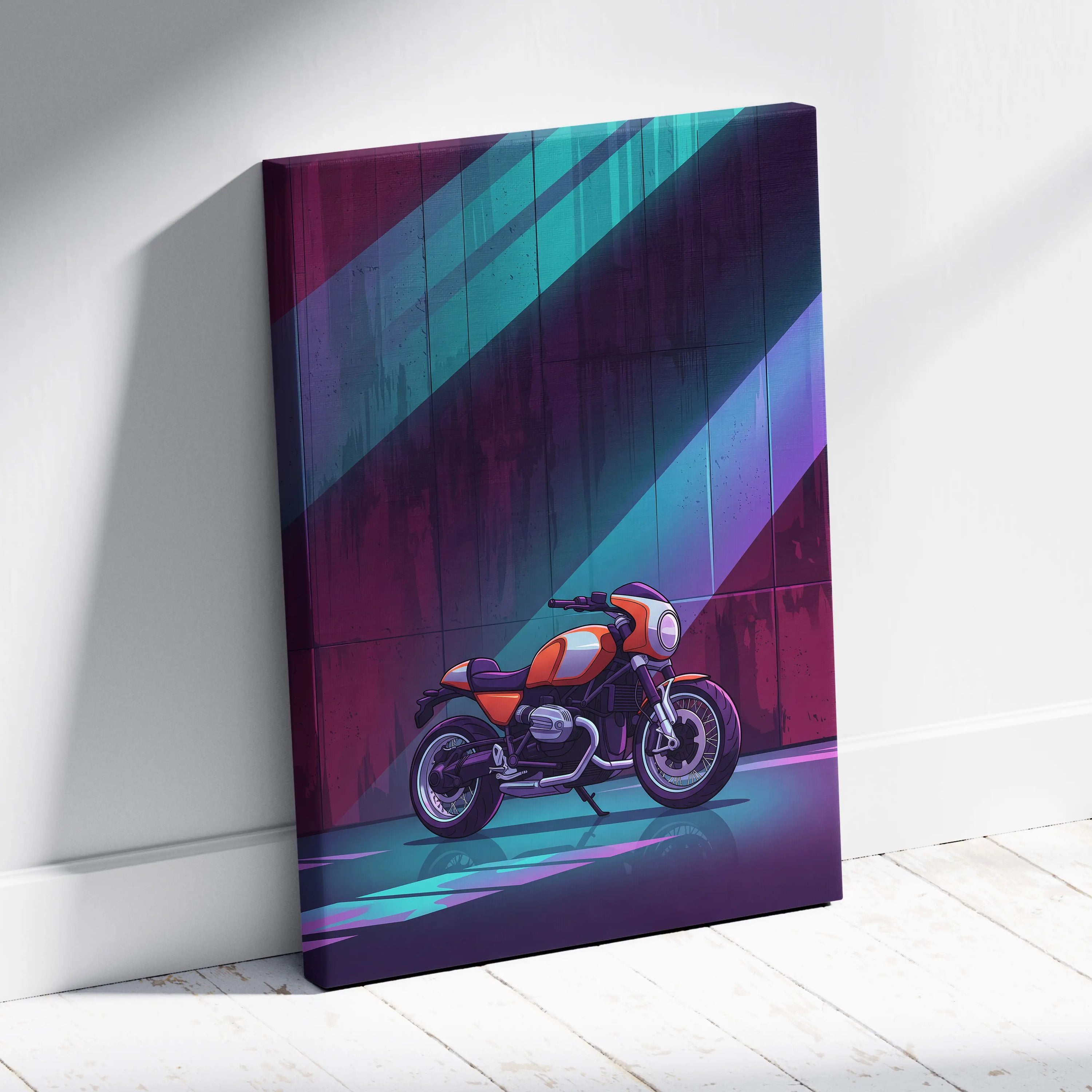 BMW R NineT Inspired Orange Teal Motorcycle Canvas Wall Art Vaporwave Neon Café Racer Garage Decor Retro Futuristic Urban Artwork
