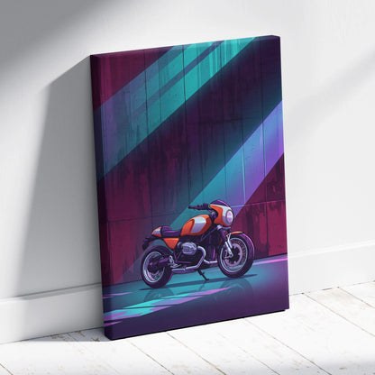 BMW R NineT Inspired Orange Teal Motorcycle Canvas Wall Art Vaporwave Neon Café Racer Garage Decor Retro Futuristic Urban Artwork